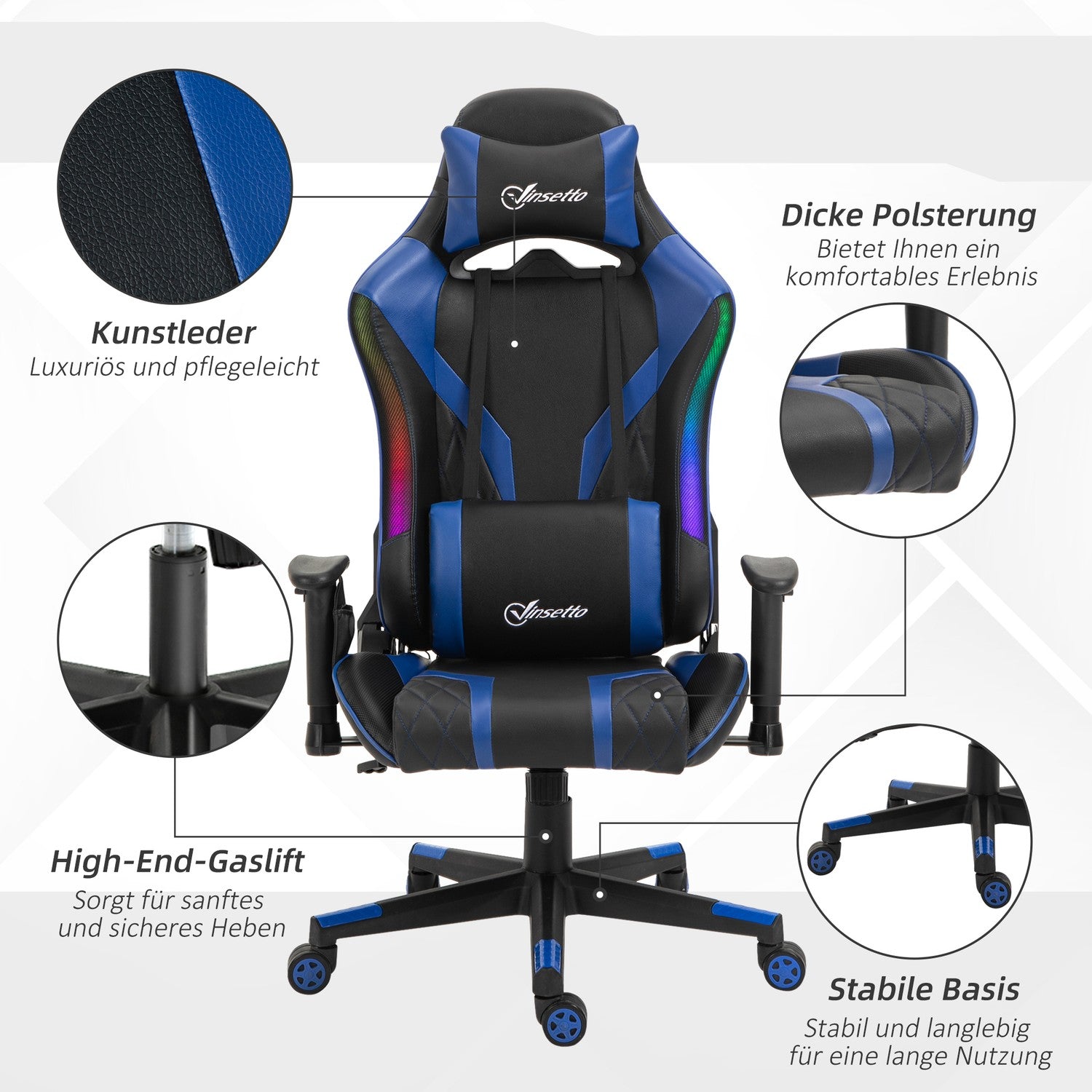 Ergonomisk spelstol med LED, justerbart armstöd, hög rygg