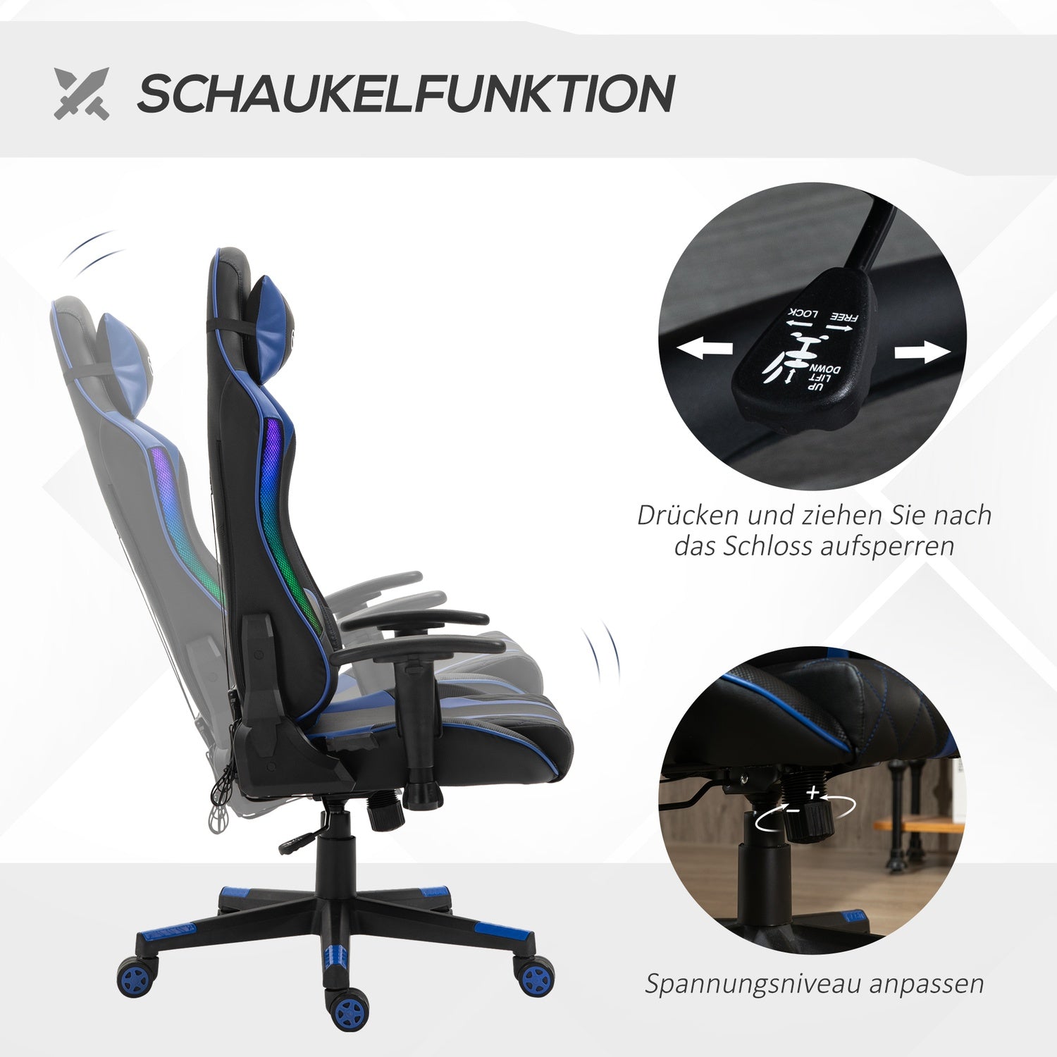 Ergonomisk spelstol med LED, justerbart armstöd, hög rygg