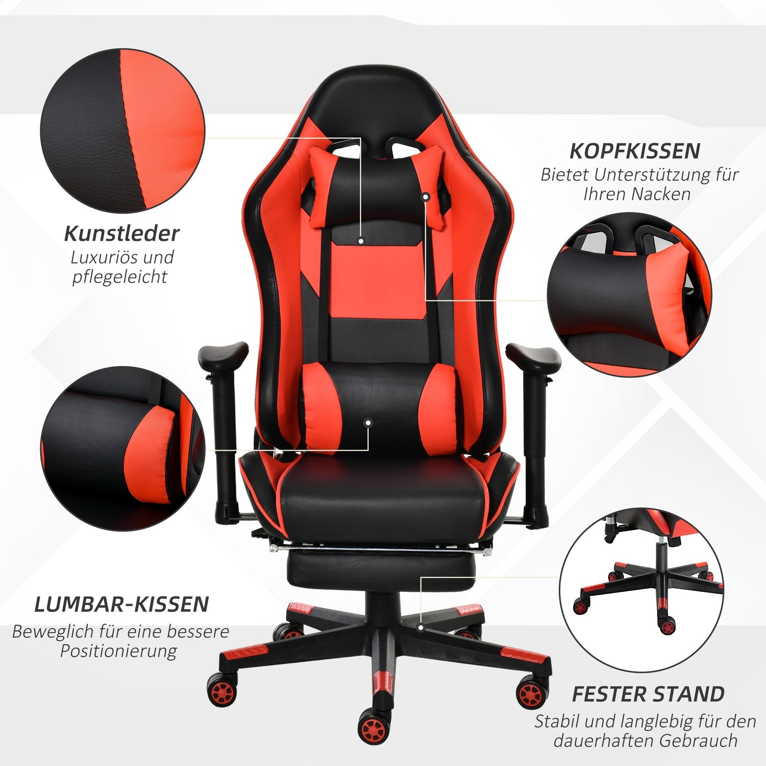 Ergonomisk spelstol med fällbart fotstöd, svart