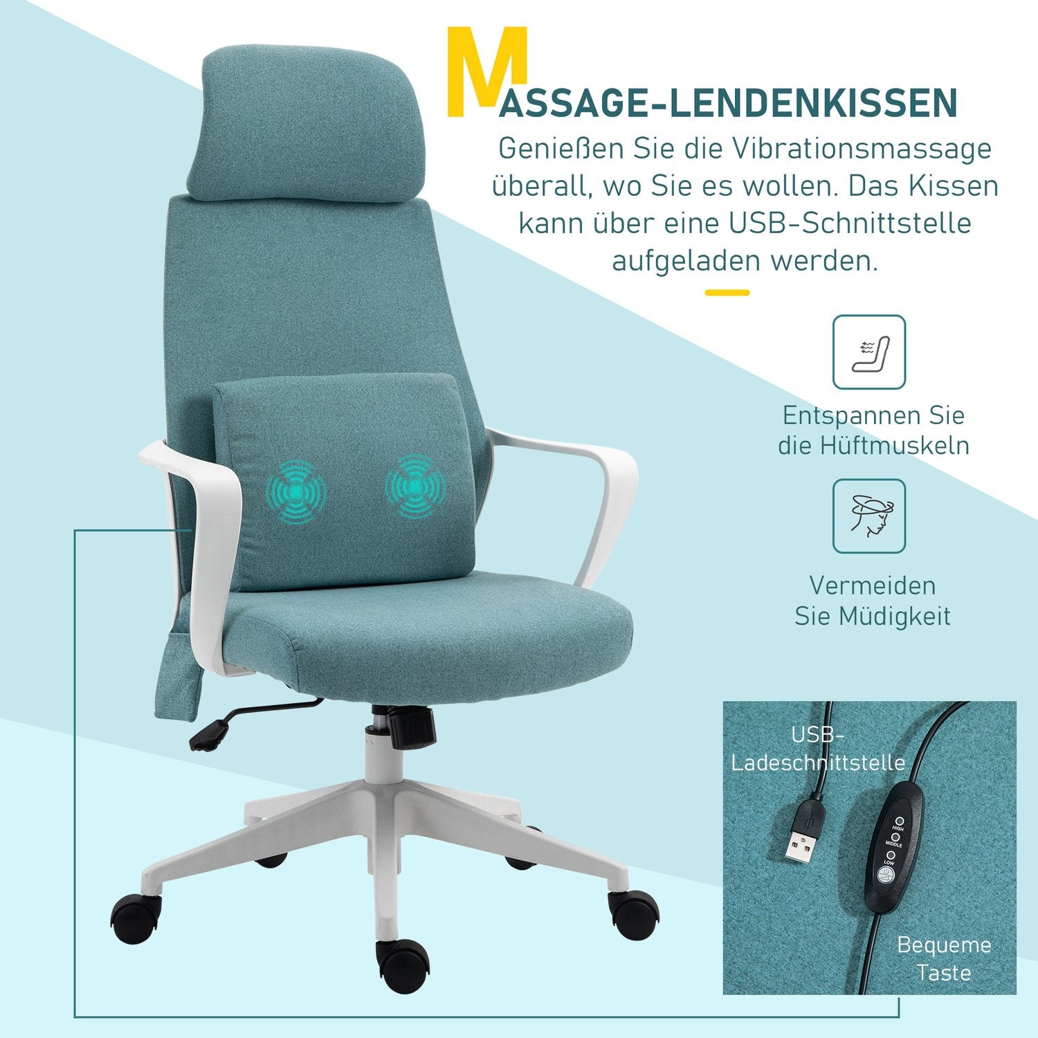 Ergonomisk spelstol med massage & justerbar höjd, blå