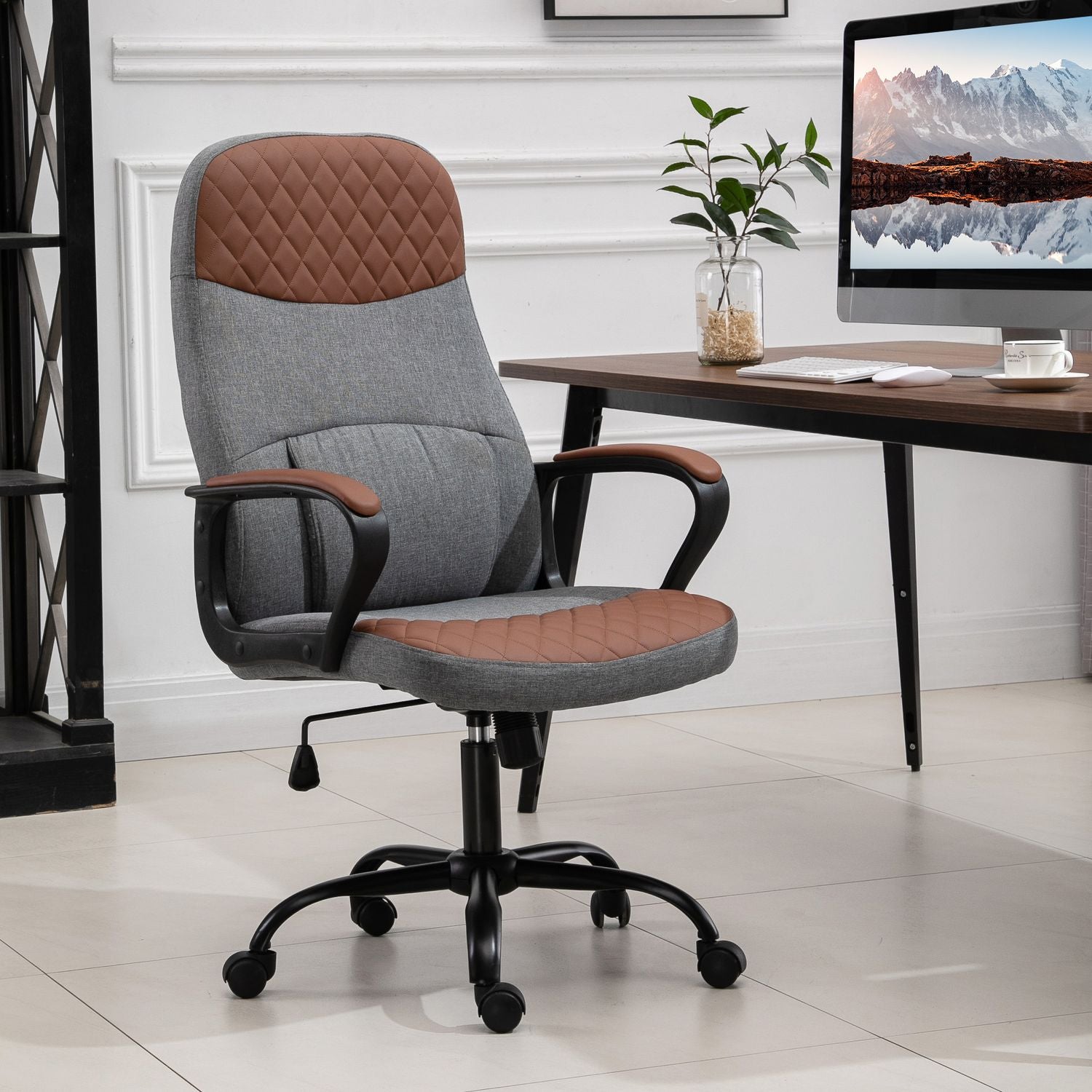 Ergonomisk spelstol, vridbar kontorsstol, grå/brun