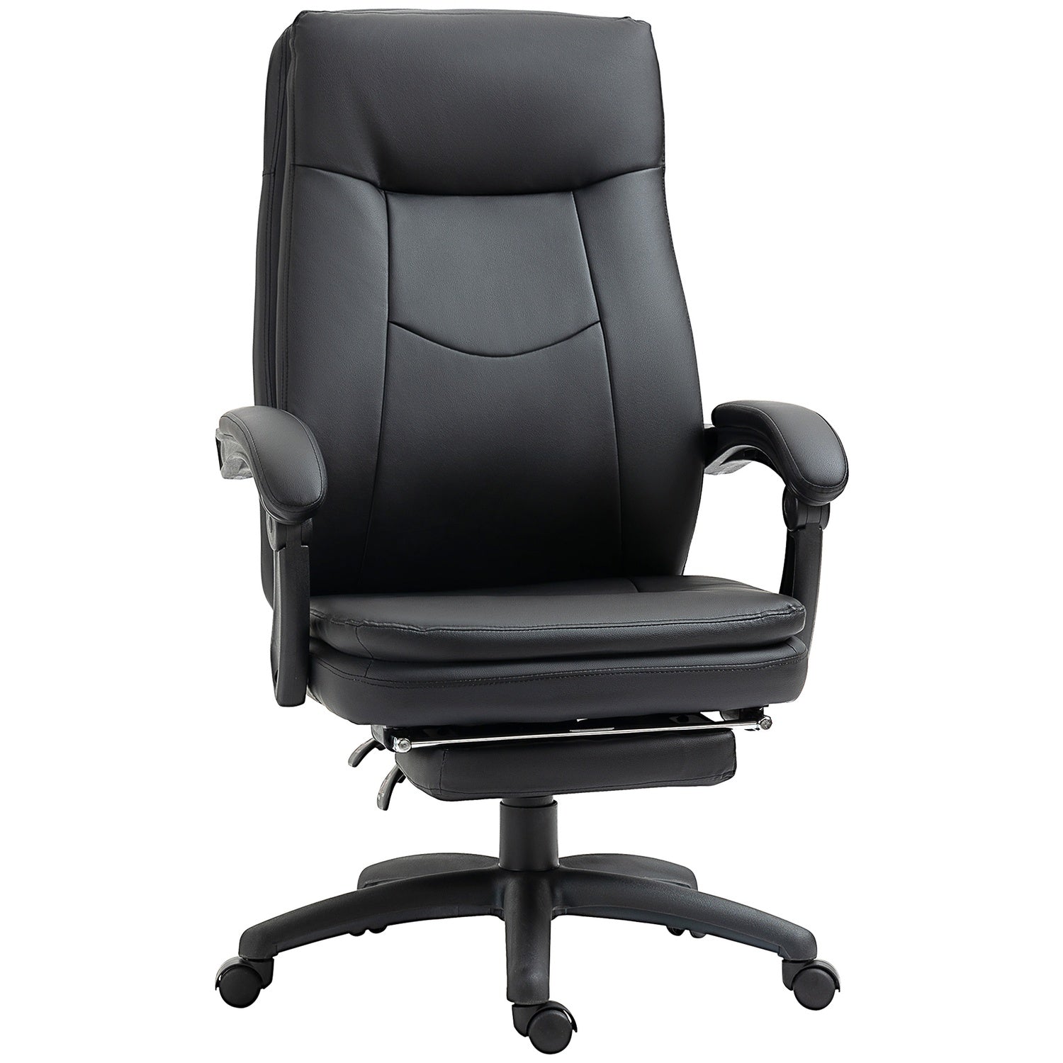 Ergonomisk svart kontorsstol med fotstöd, vadderat ryggstöd