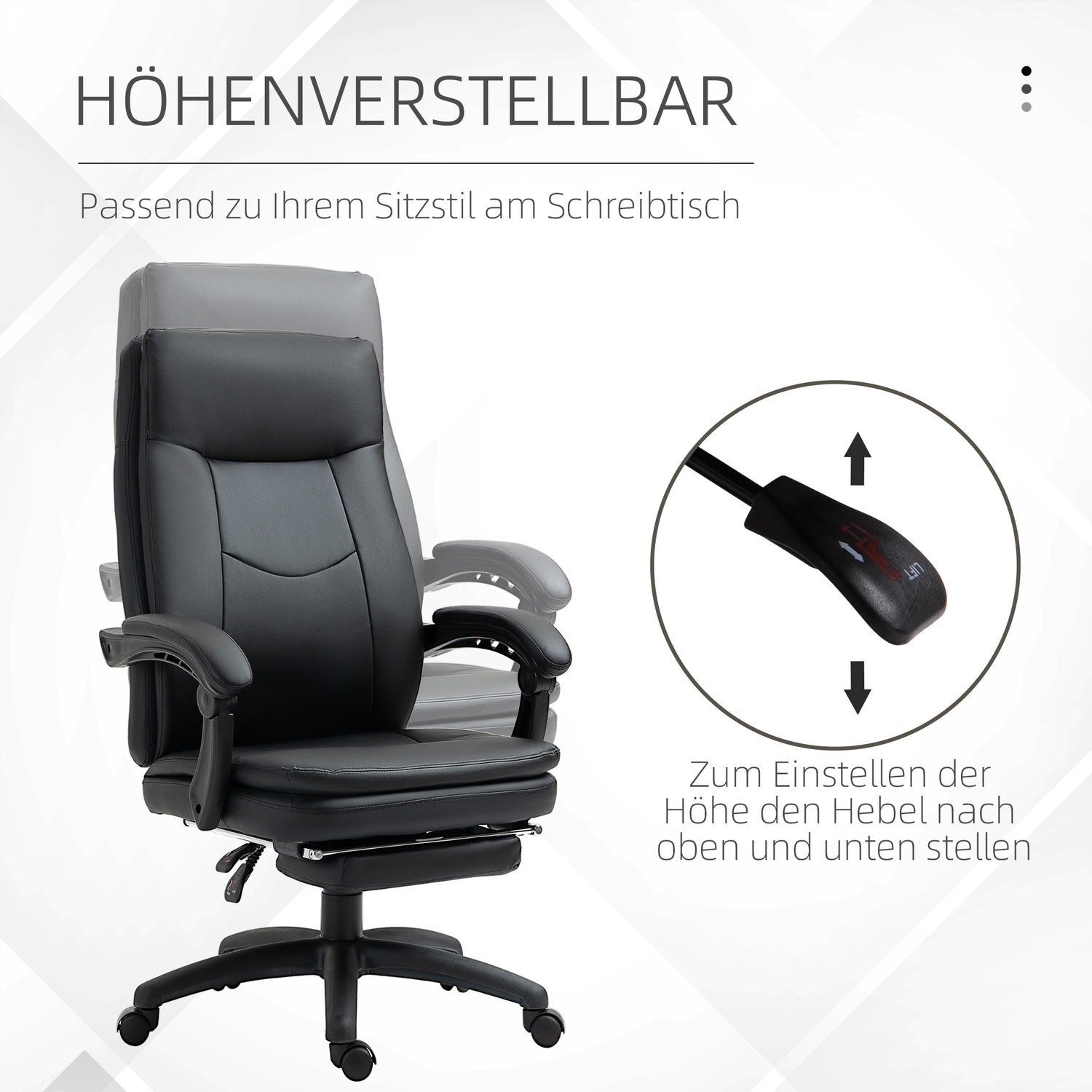 Ergonomisk svart kontorsstol med fotstöd, vadderat ryggstöd