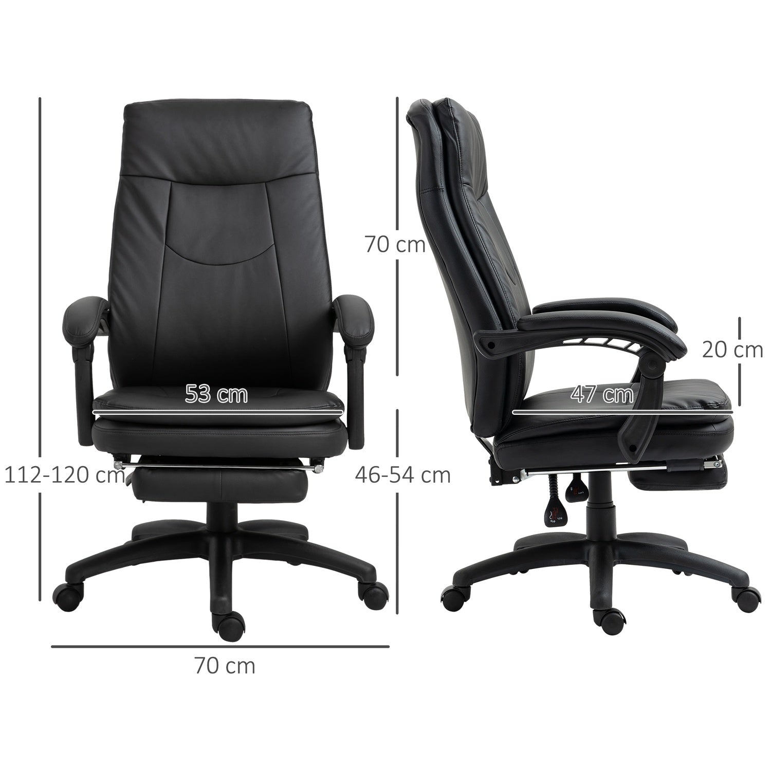 Ergonomisk svart kontorsstol med fotstöd, vadderat ryggstöd