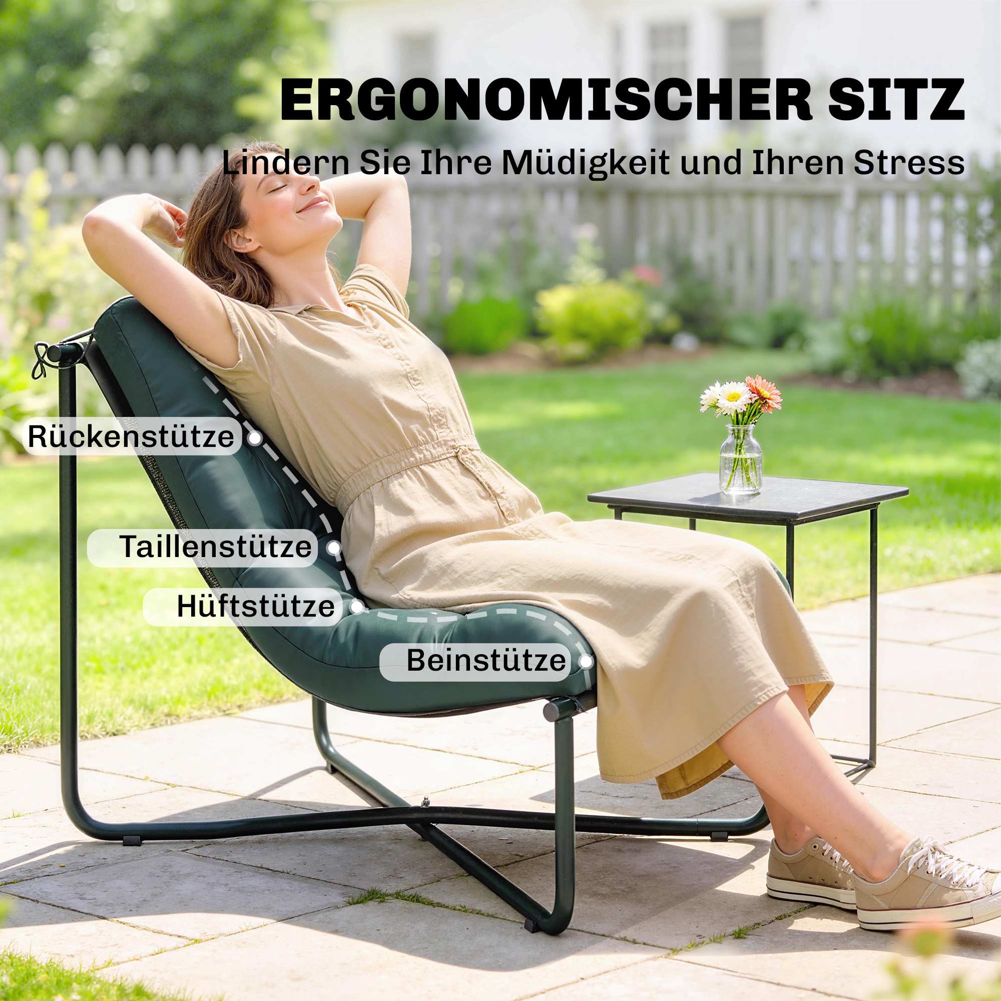 Ergonomisk trädgårdsstol med dyna, ventilerande nät, 120 kg kapacitet