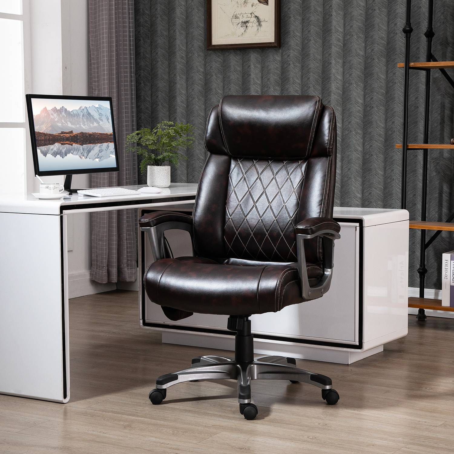 Ergonomisk vridbar kontorsstol, 6-punktsmassage, brunt läder