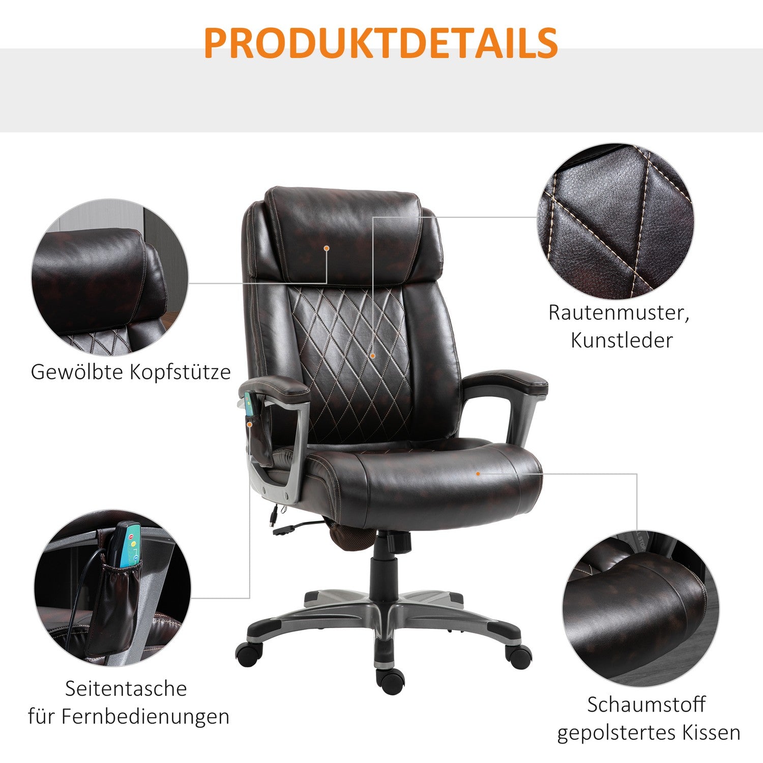 Ergonomisk vridbar kontorsstol, 6-punktsmassage, brunt läder