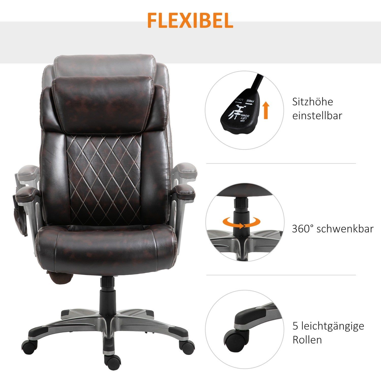 Ergonomisk vridbar kontorsstol, 6-punktsmassage, brunt läder