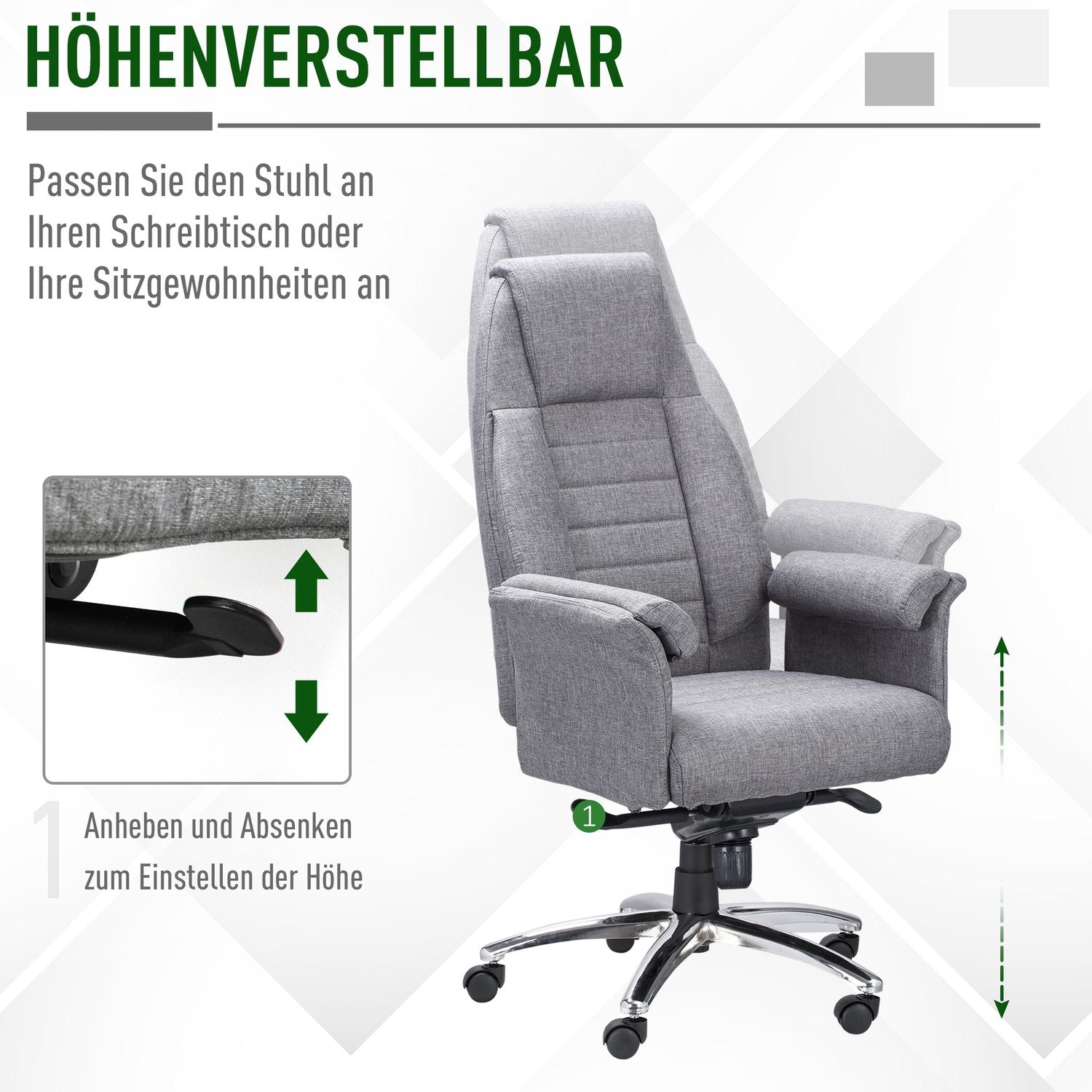 Ergonomisk vridbar kontorsstol, justerbara armstöd, ljusgrå