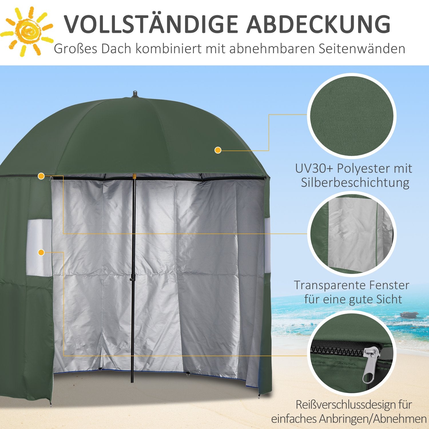 Fiskeparaplytält, 2,2M, sidovägg, UV-solskydd