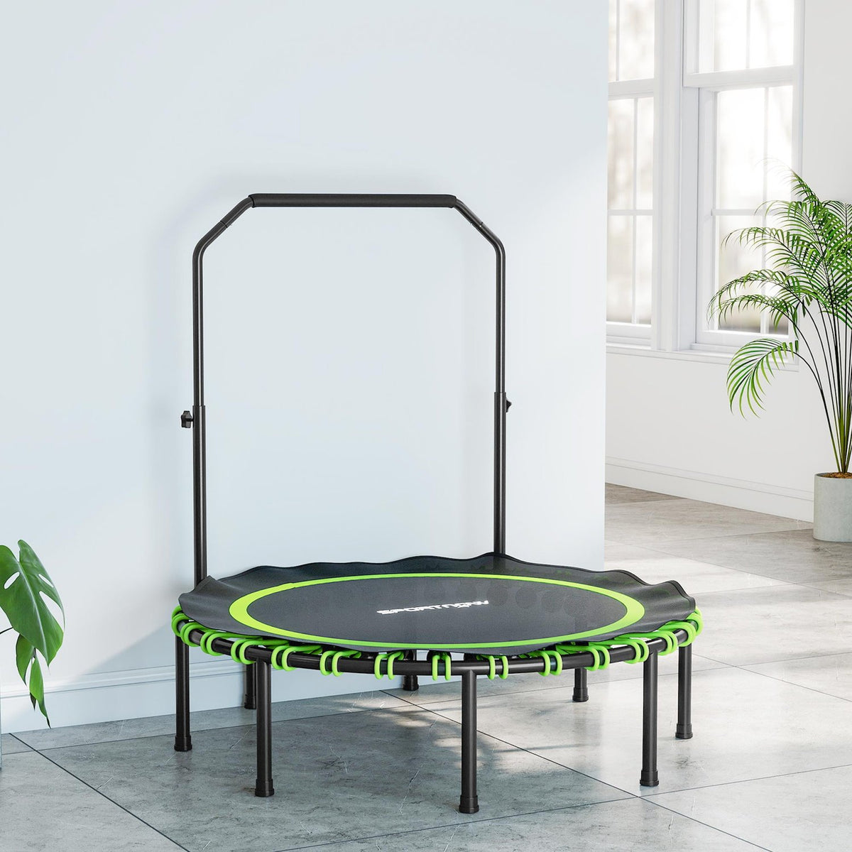 Fitness trampolína s nastavitelnou rukojetí, pro použití v interiéru i exteriéru, zelená