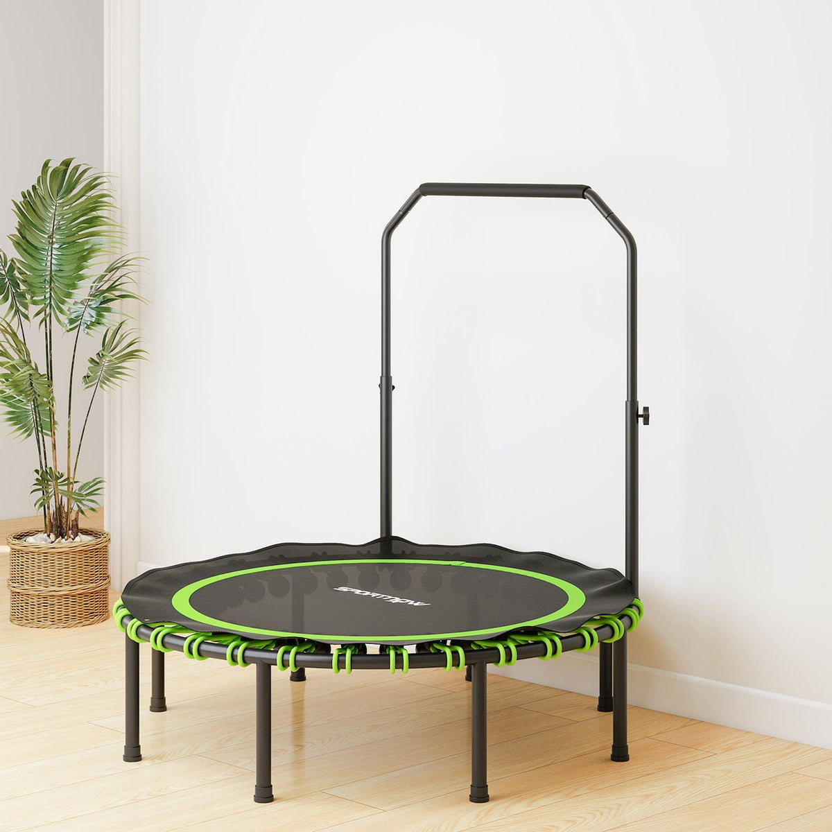 Fitness trampolína s nastavitelnou rukojetí, pro použití v interiéru i exteriéru, zelená