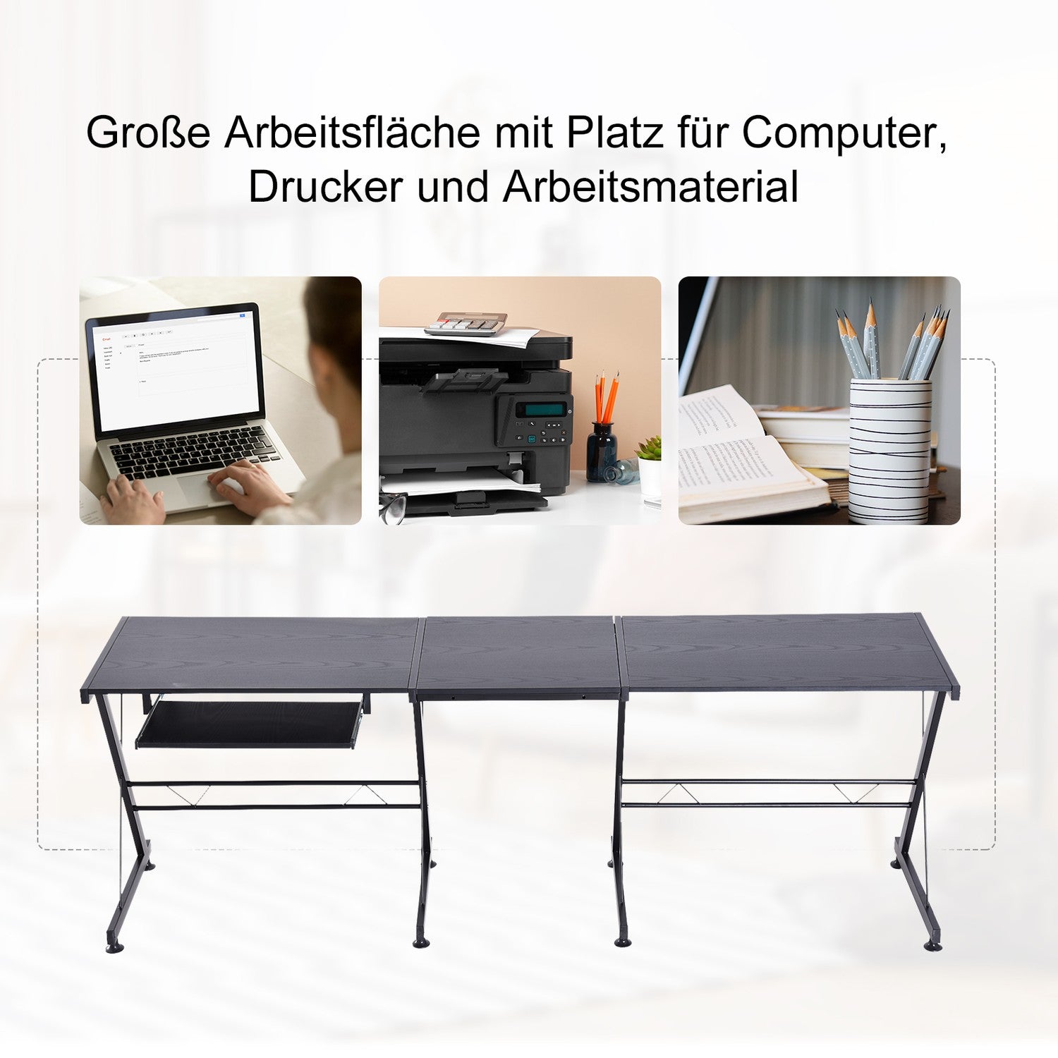 Flexibelt datorbord – svart MDF & stål, 210x50x73,5 cm