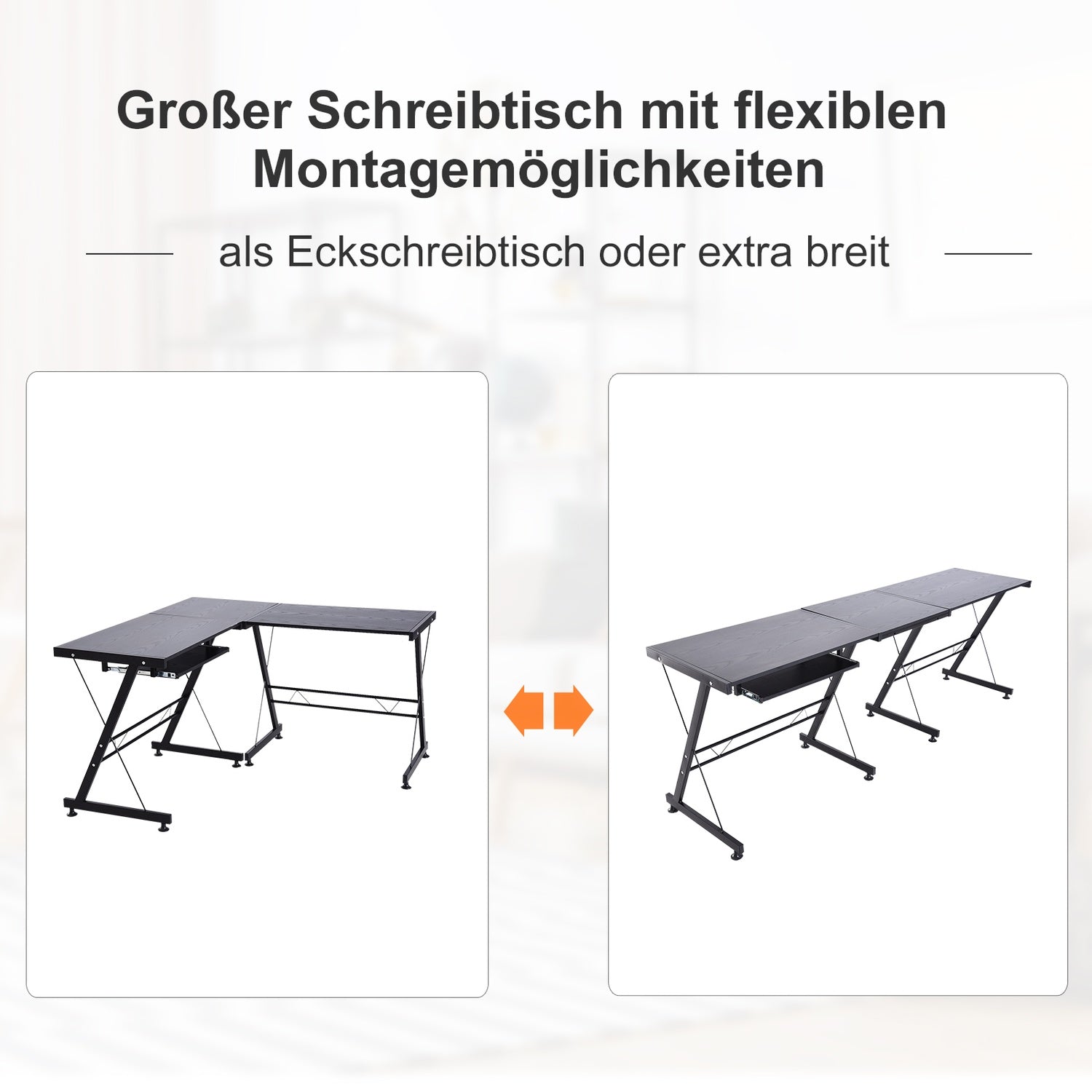 Flexibelt datorbord – svart MDF & stål, 210x50x73,5 cm