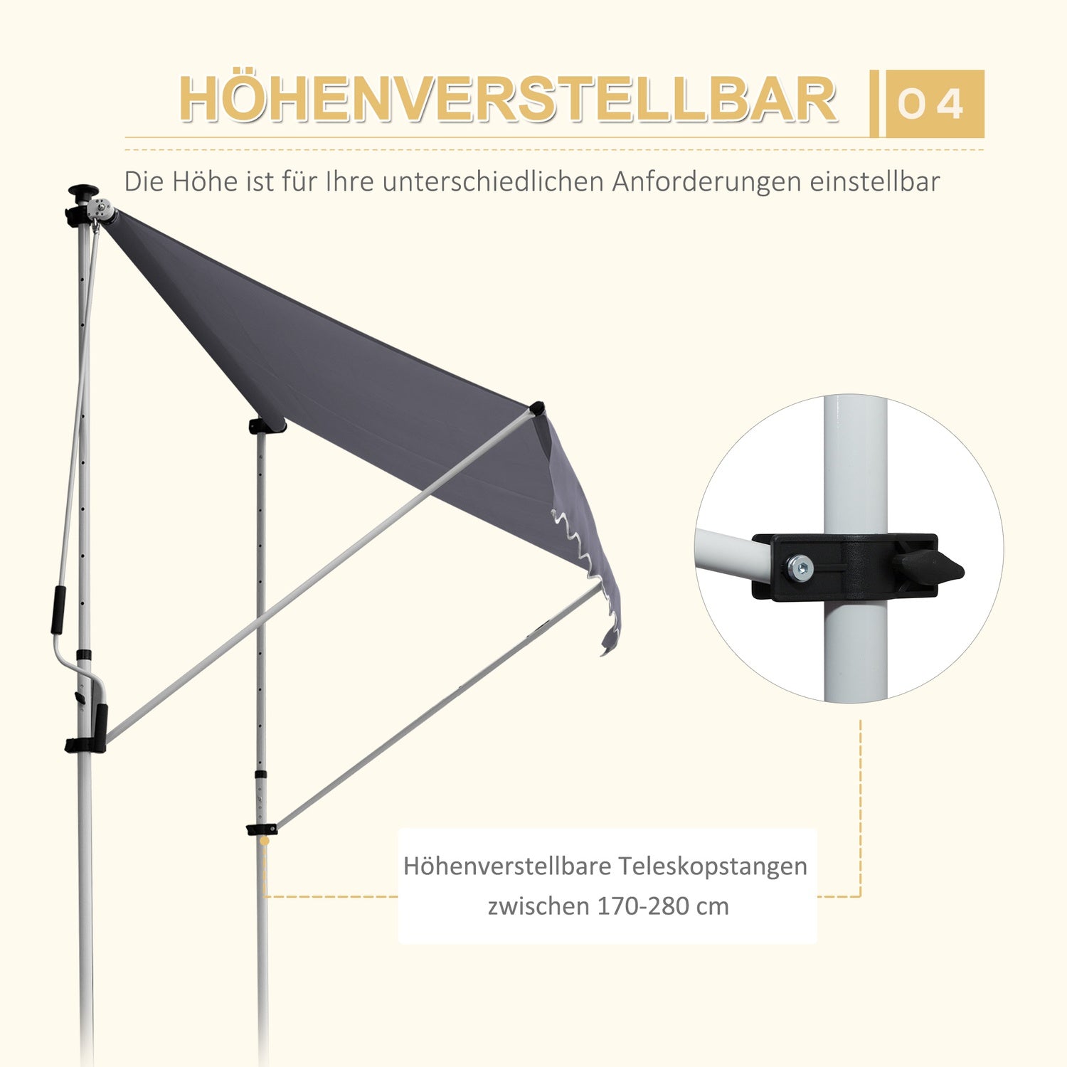 Fällbar aluminium Balkongmarkis, Solskydd, 2x1,2M, Grå