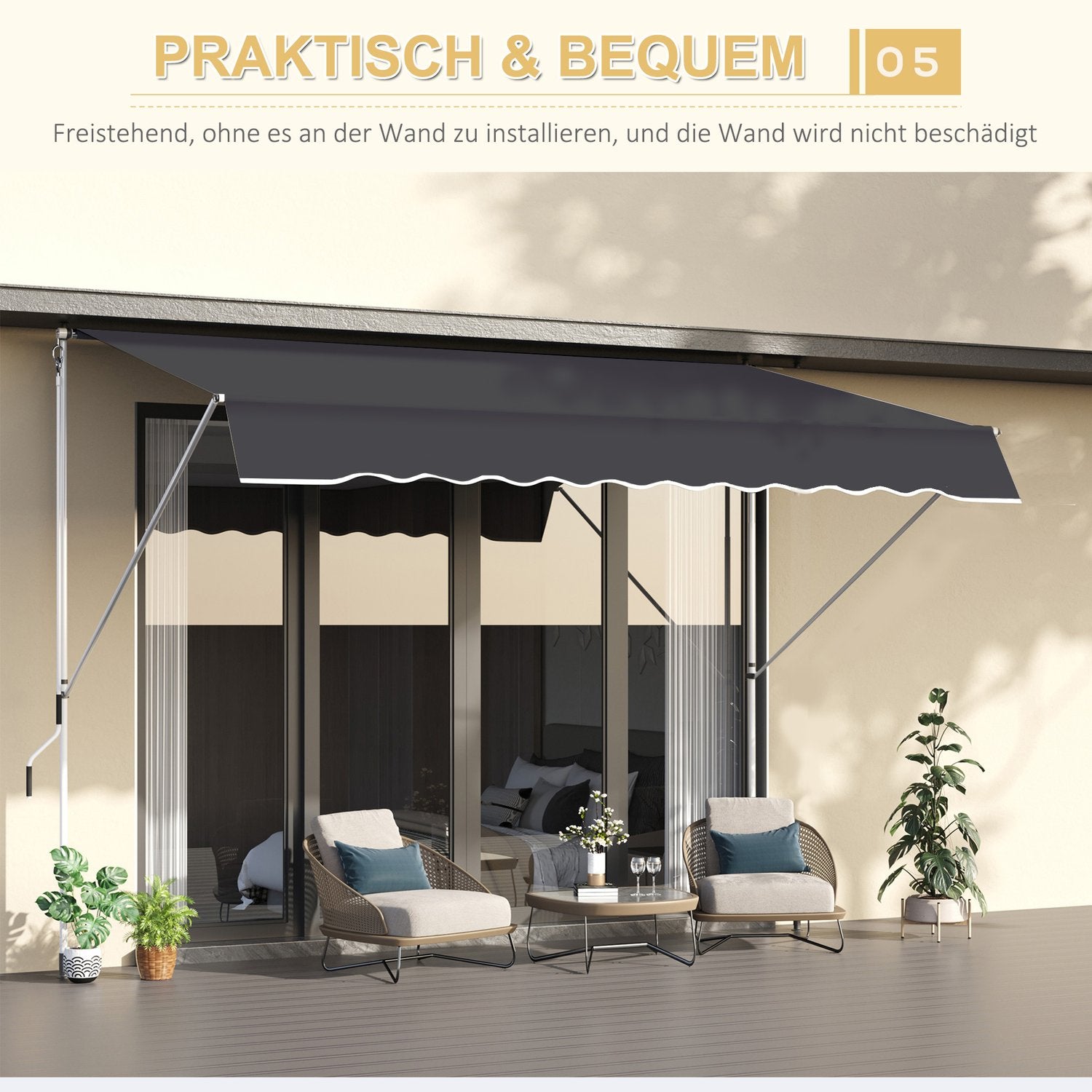 Fällbar aluminium Balkongmarkis, Solskydd, 2x1,2M, Grå