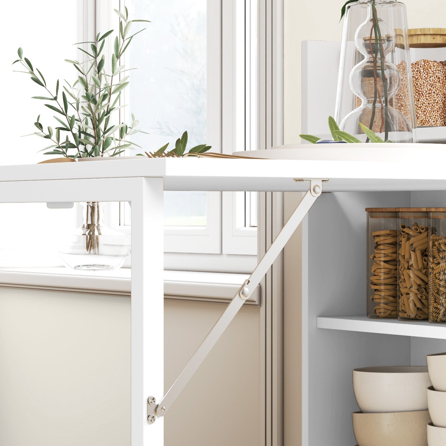 Skládací jídelní stůl s policemi, ochrana proti převrácení, bílý