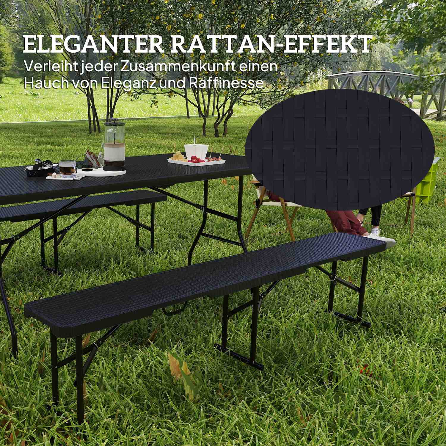 Fällbart picknickbordsset, 3-delat, svart, HDPE & metall