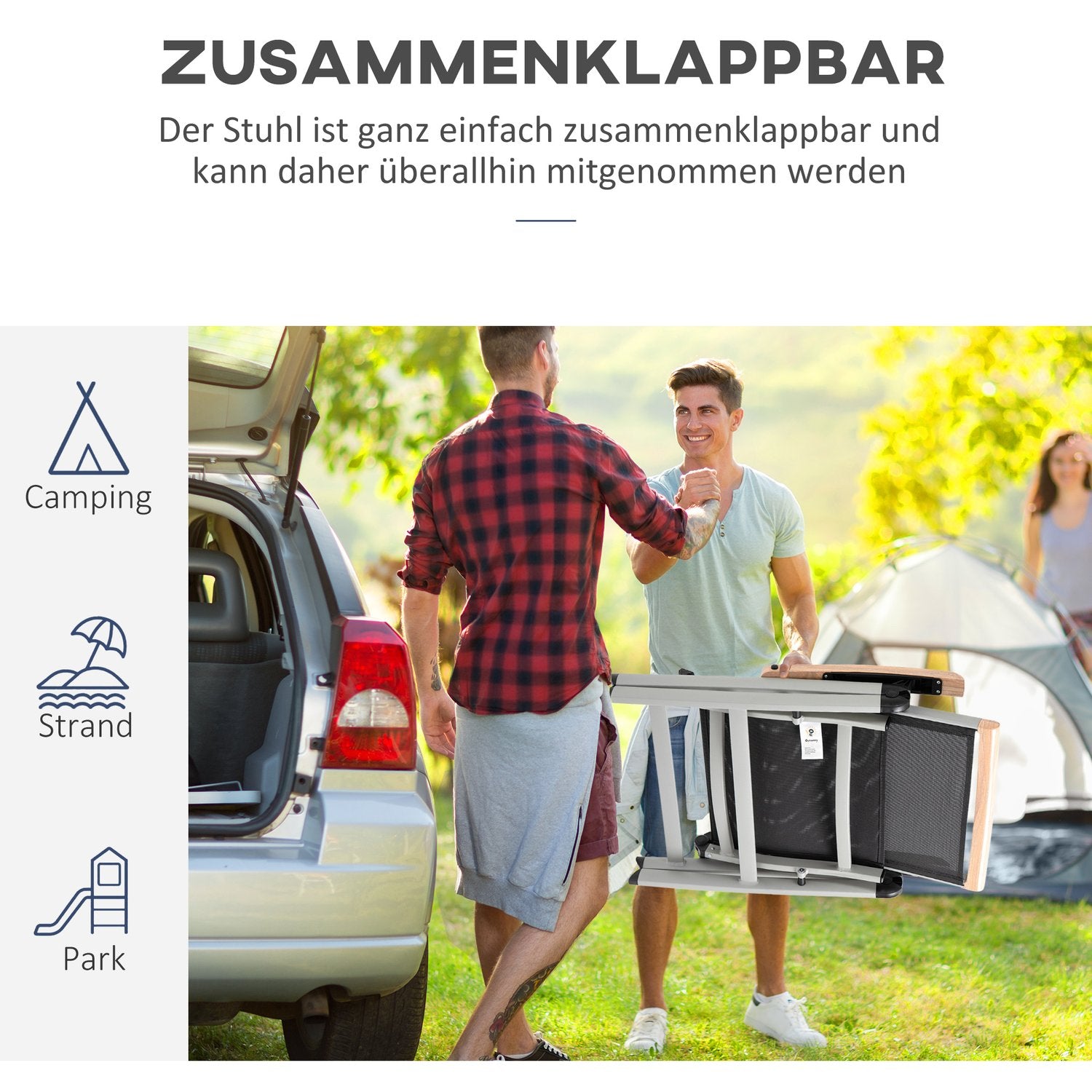Fällbar trädgårdsstol i aluminium, svart & silver, ryggstöd i mesh