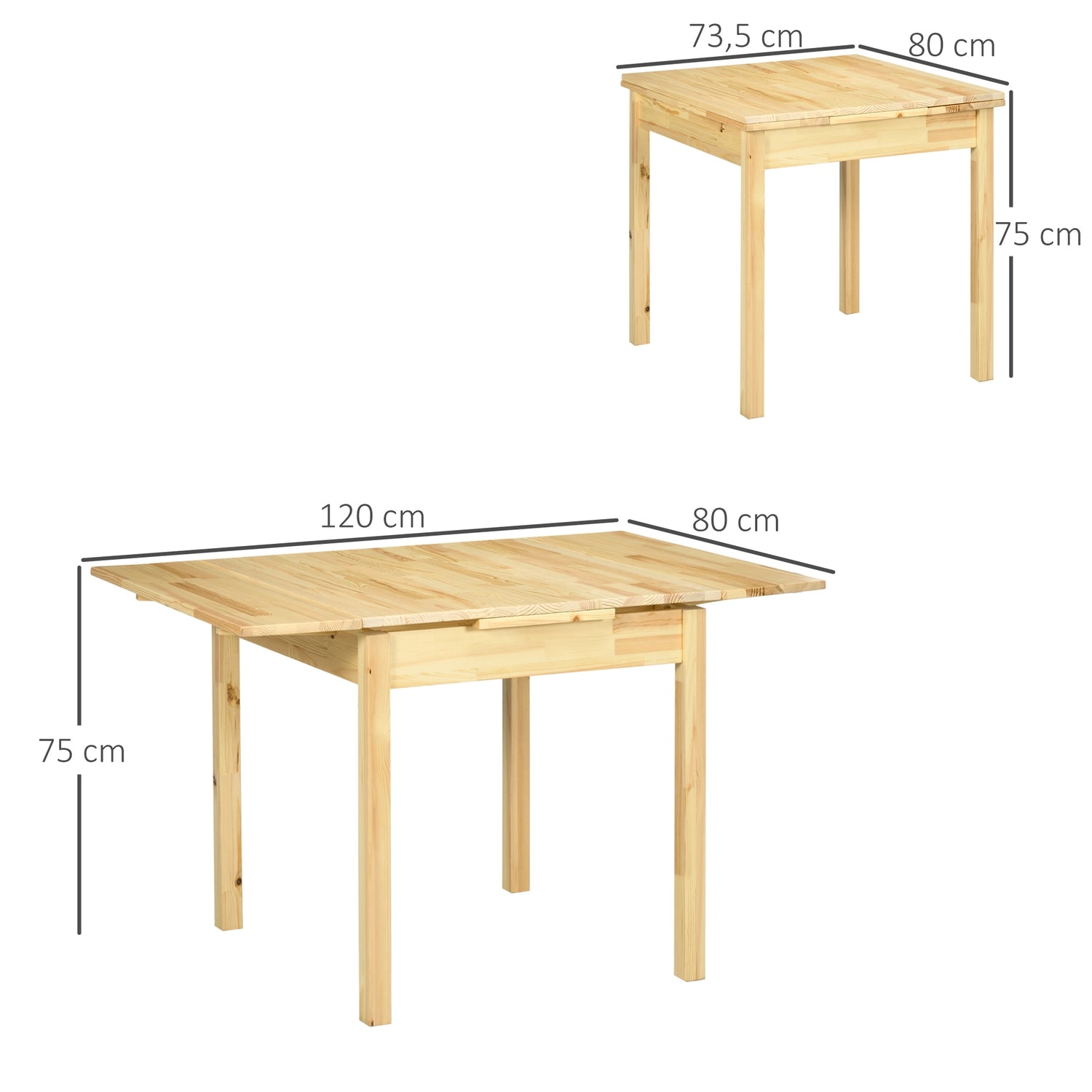 Fällbart träbord för 2-4 personer, naturlig finish, 120x80x75cm