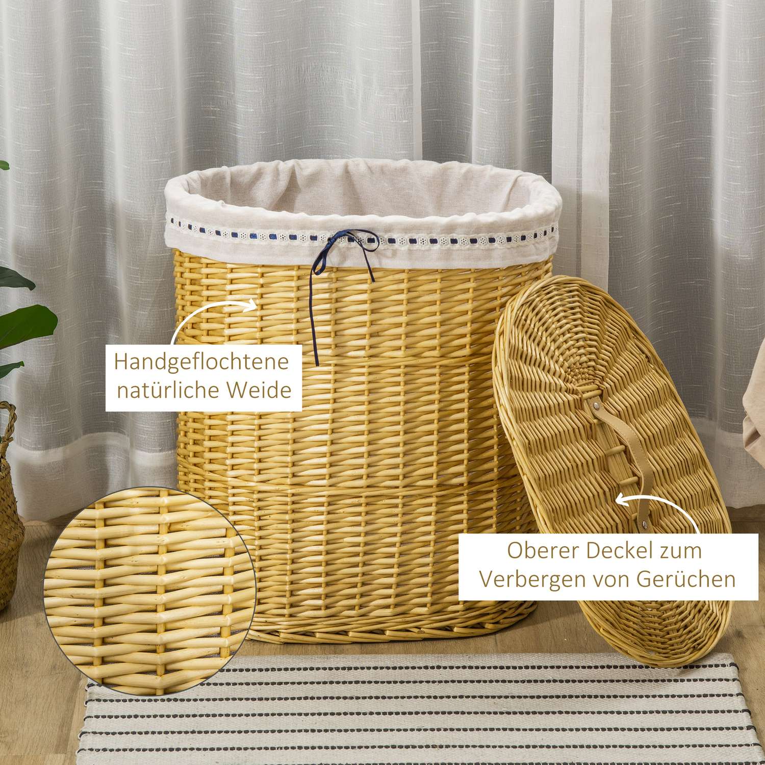 Flätad tvättkorg med lock, 100L kapacitet, naturlig