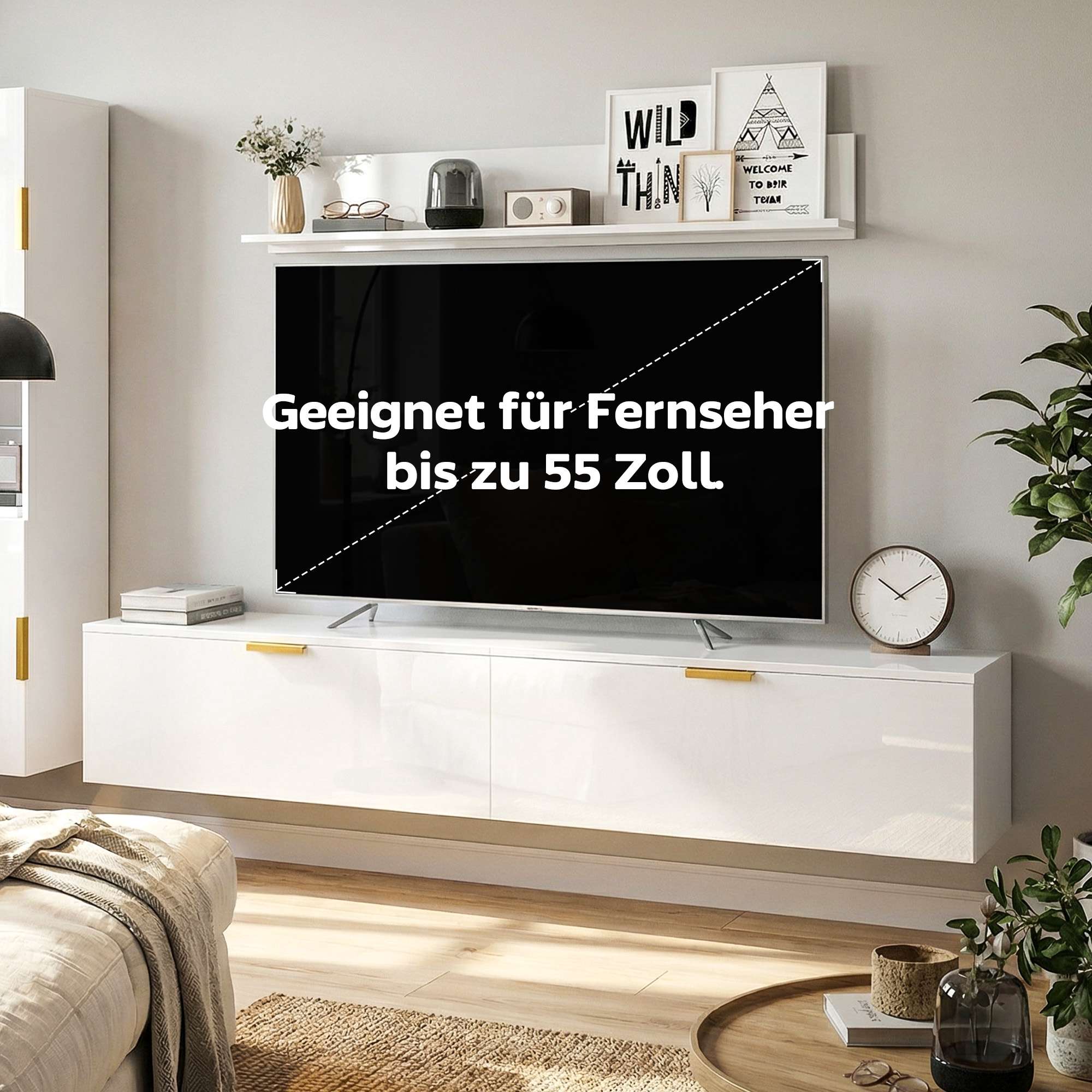 Flytande TV-bänk med fällbara dörrar, 180 cm blank vit