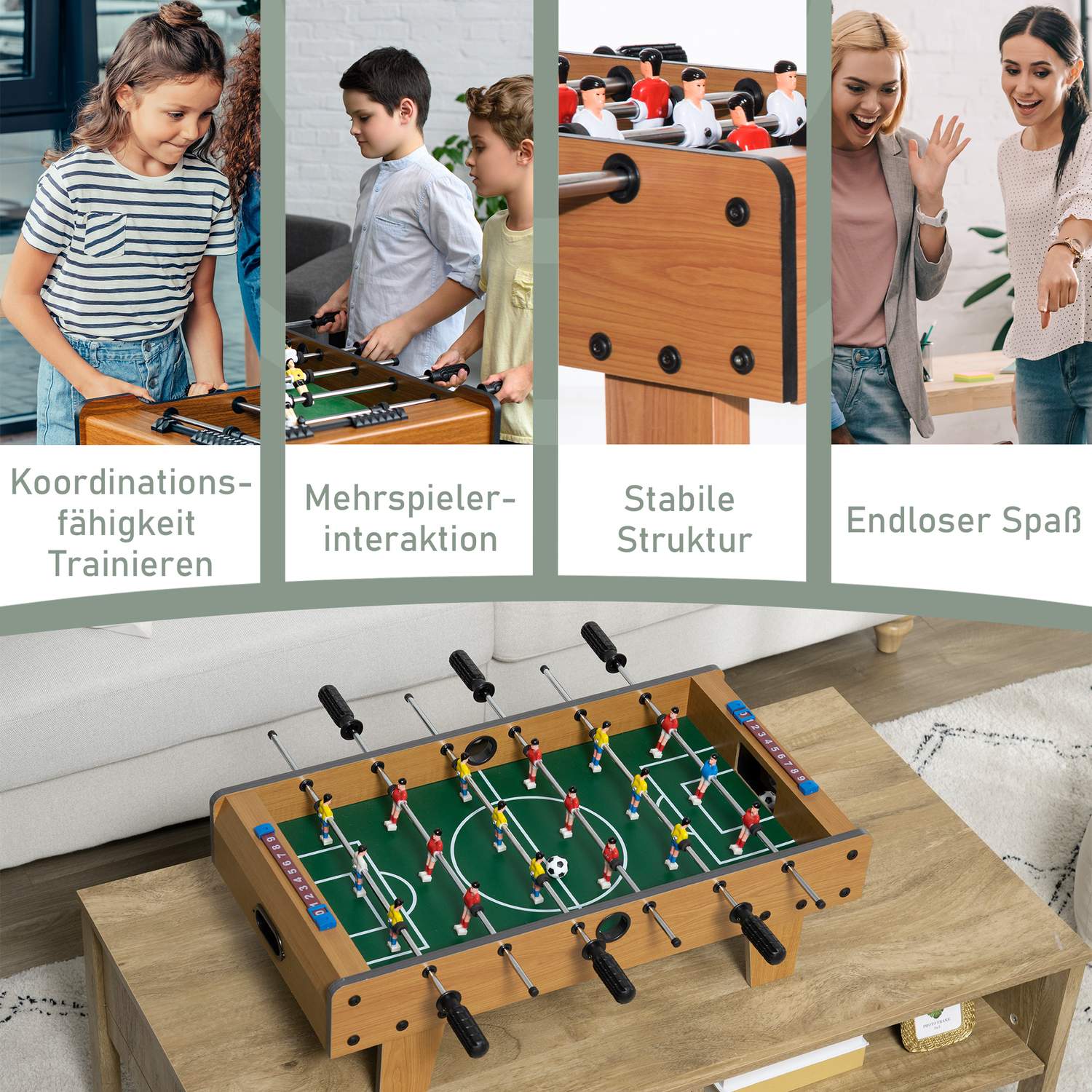 Fotbollsbordsset, kompakt trädesign, 2 bollar, resultattavlor