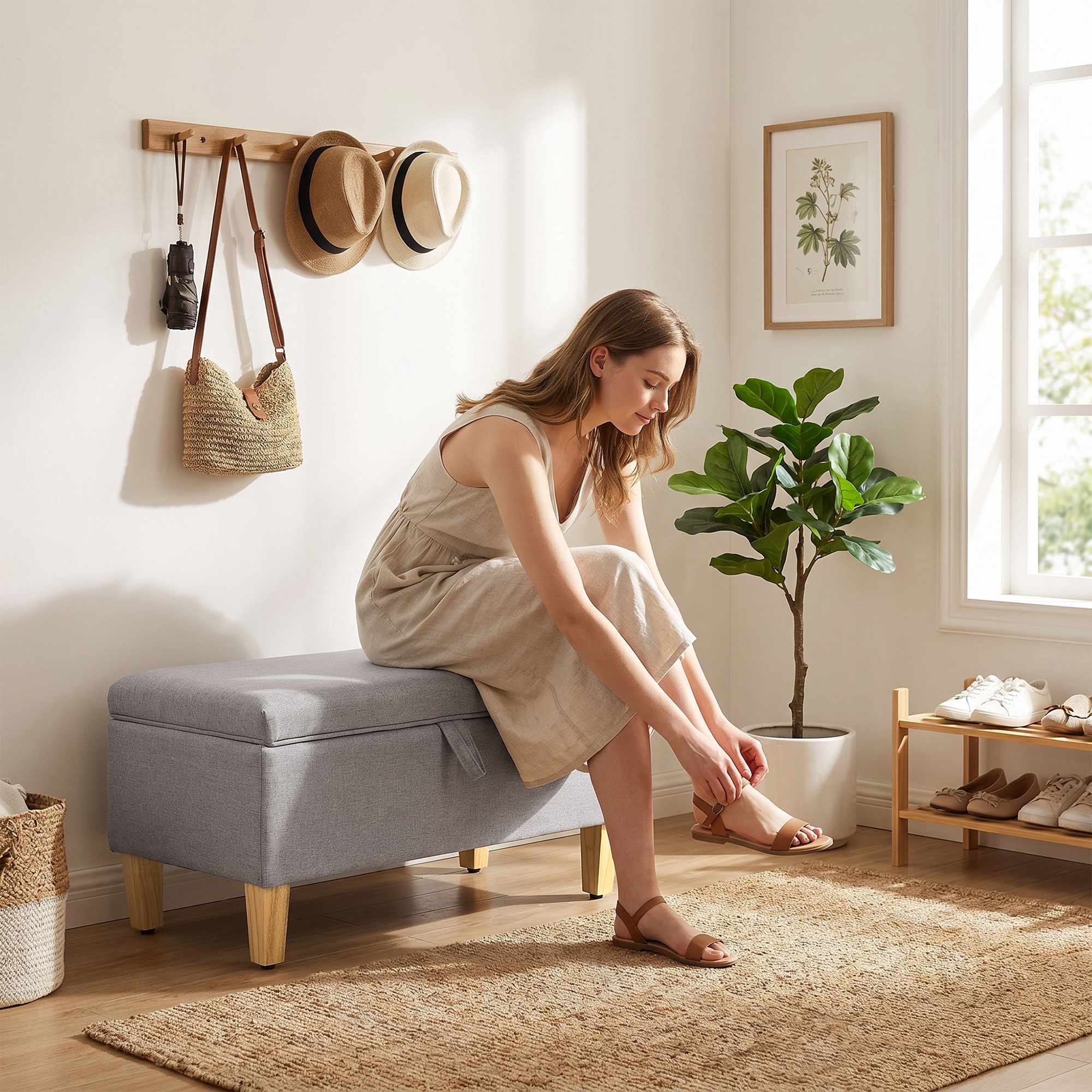 Förvaringsbänk Ottoman, Linne-Look, Ljusgrå 71cm