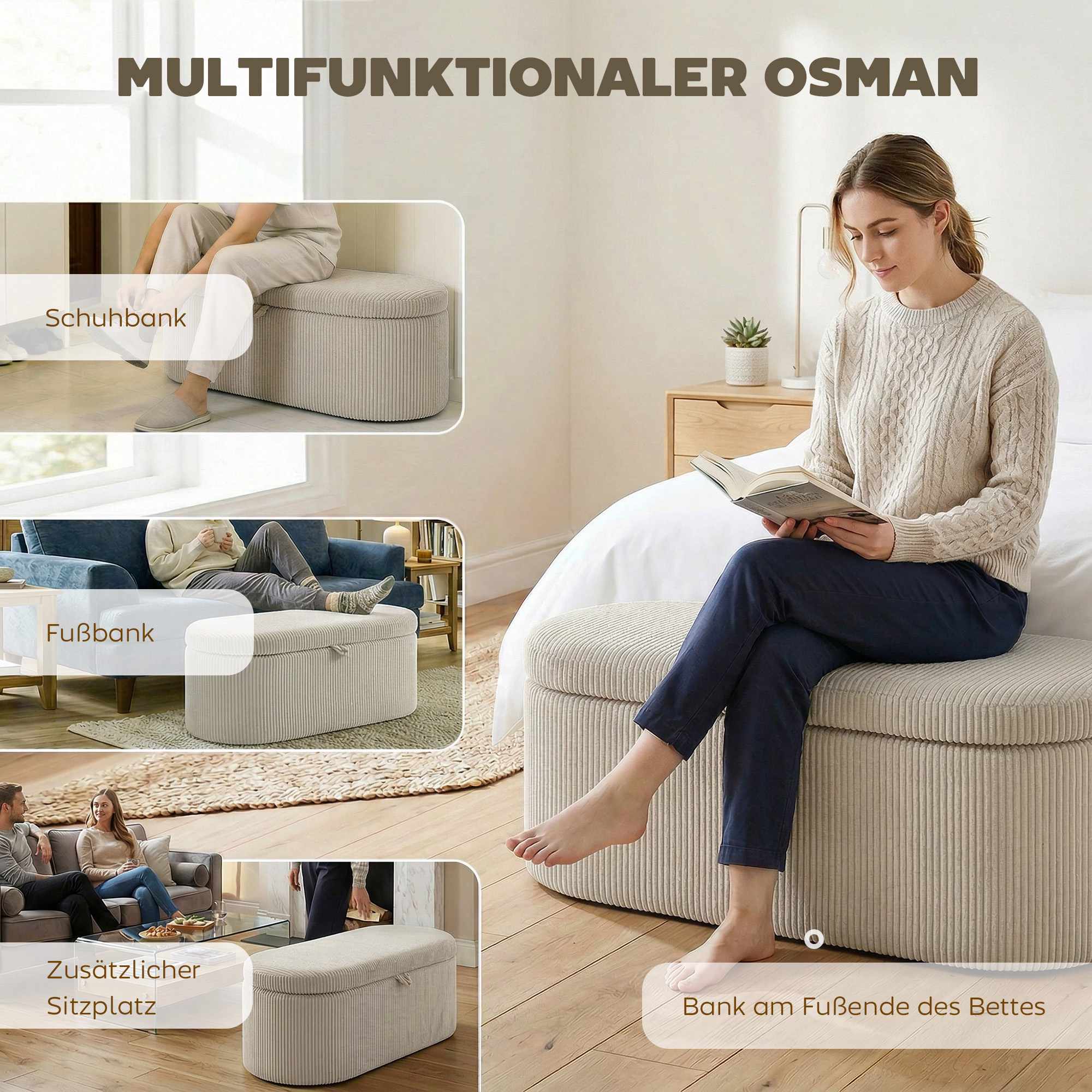 Förvaringsfotpall med snörklädsel, 105 x 51 x 49 cm, Beige