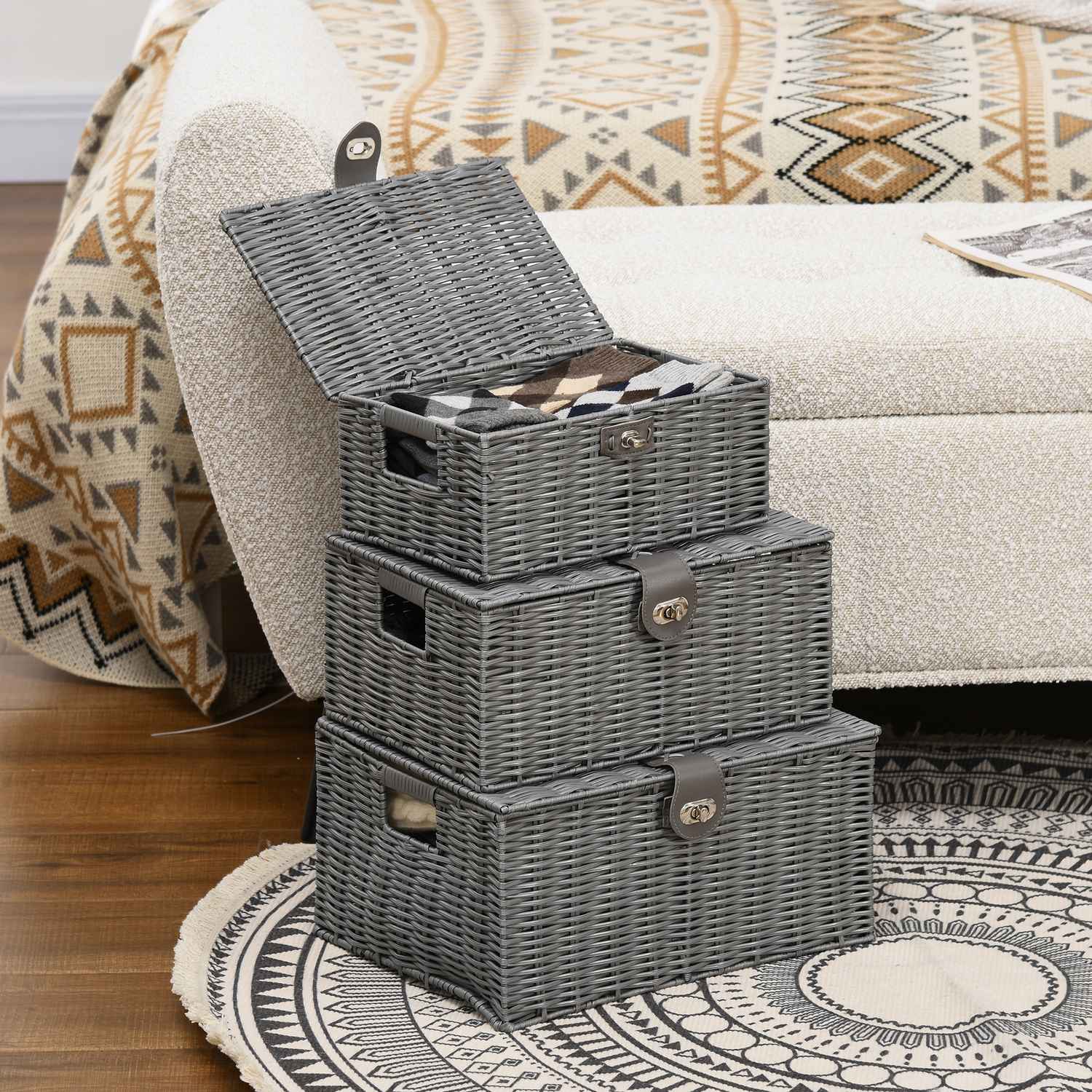 Förvaringslådor med lock, set om 3, grå – 18L, 12L, 7L