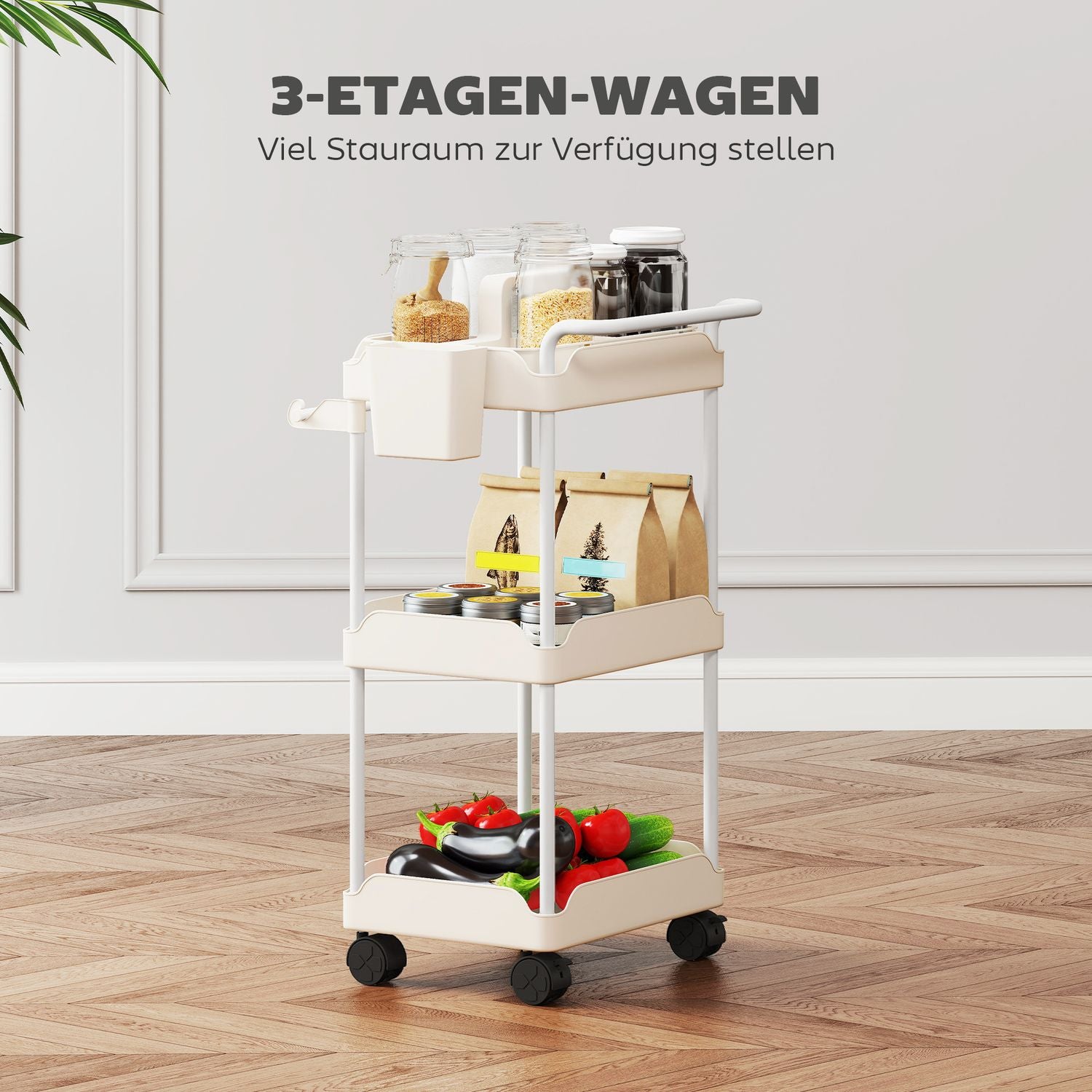 Förvaringsvagn med 3 korgar, handdukshållare, hjul, vit