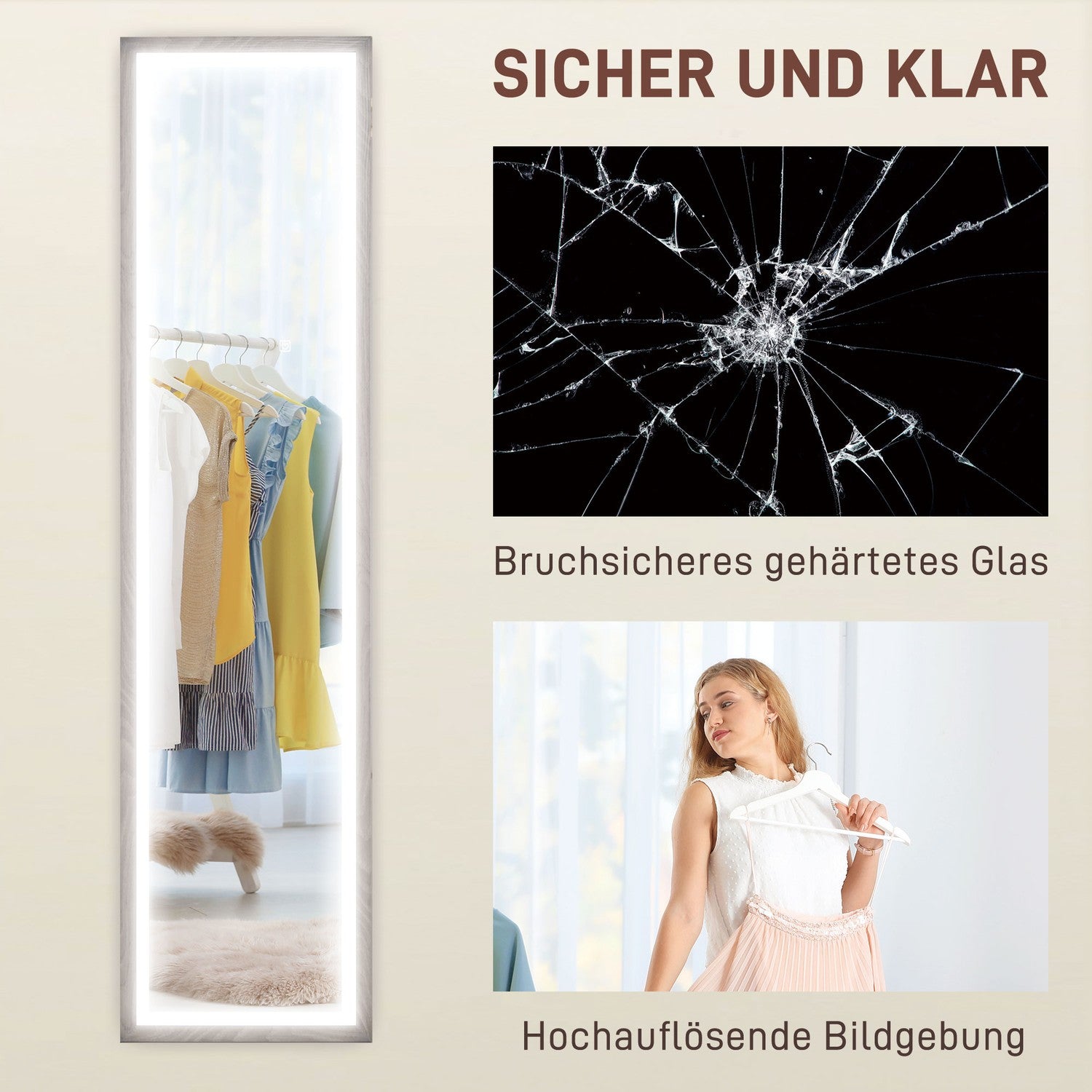 Fullängds LED-spegel, 40x160 cm, Touch Control, Dimbar