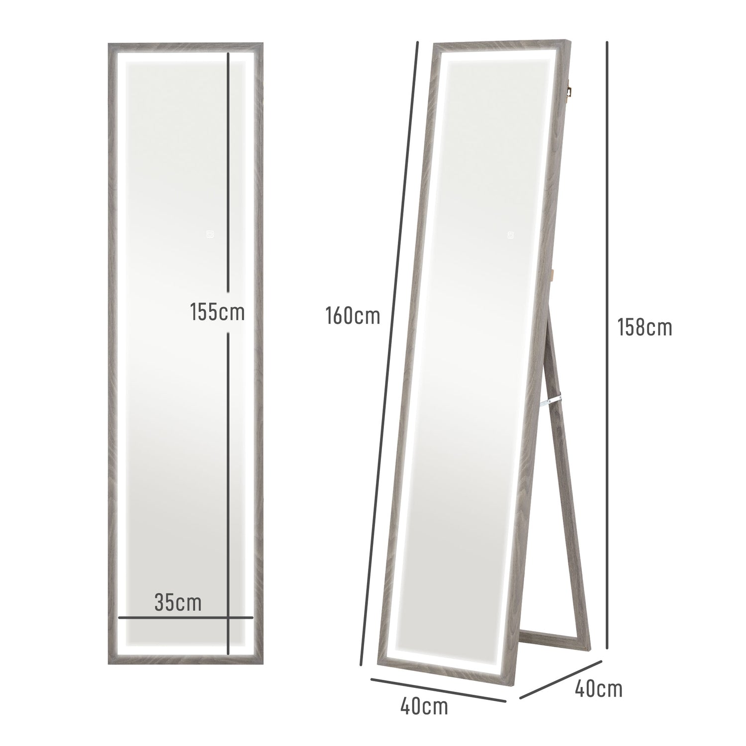Fullängds LED-spegel, 40x160 cm, Touch Control, Dimbar
