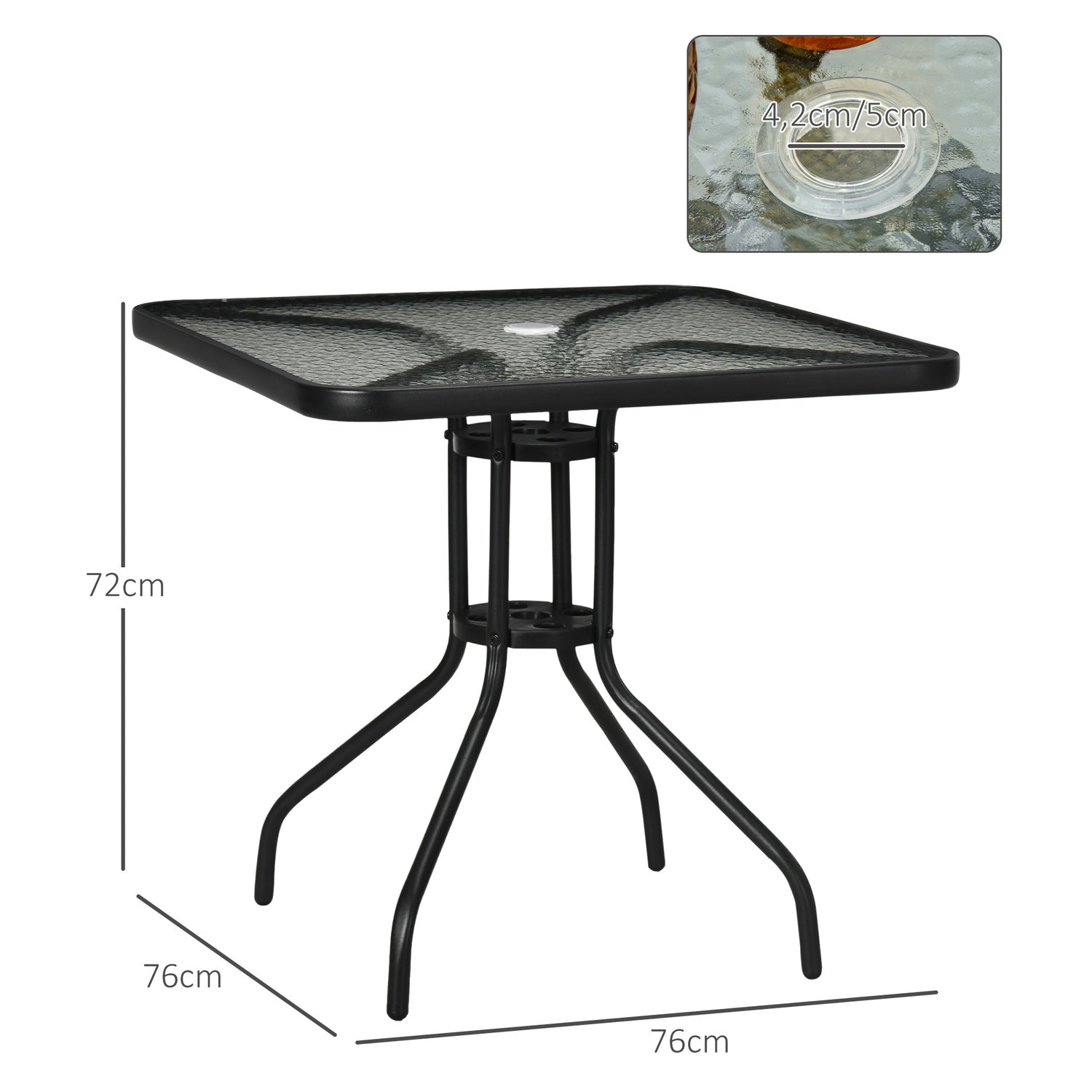 Čtvercový kovový zahradní stůl, 76 × 76 cm, odolný proti povětrnostním vlivům, černý