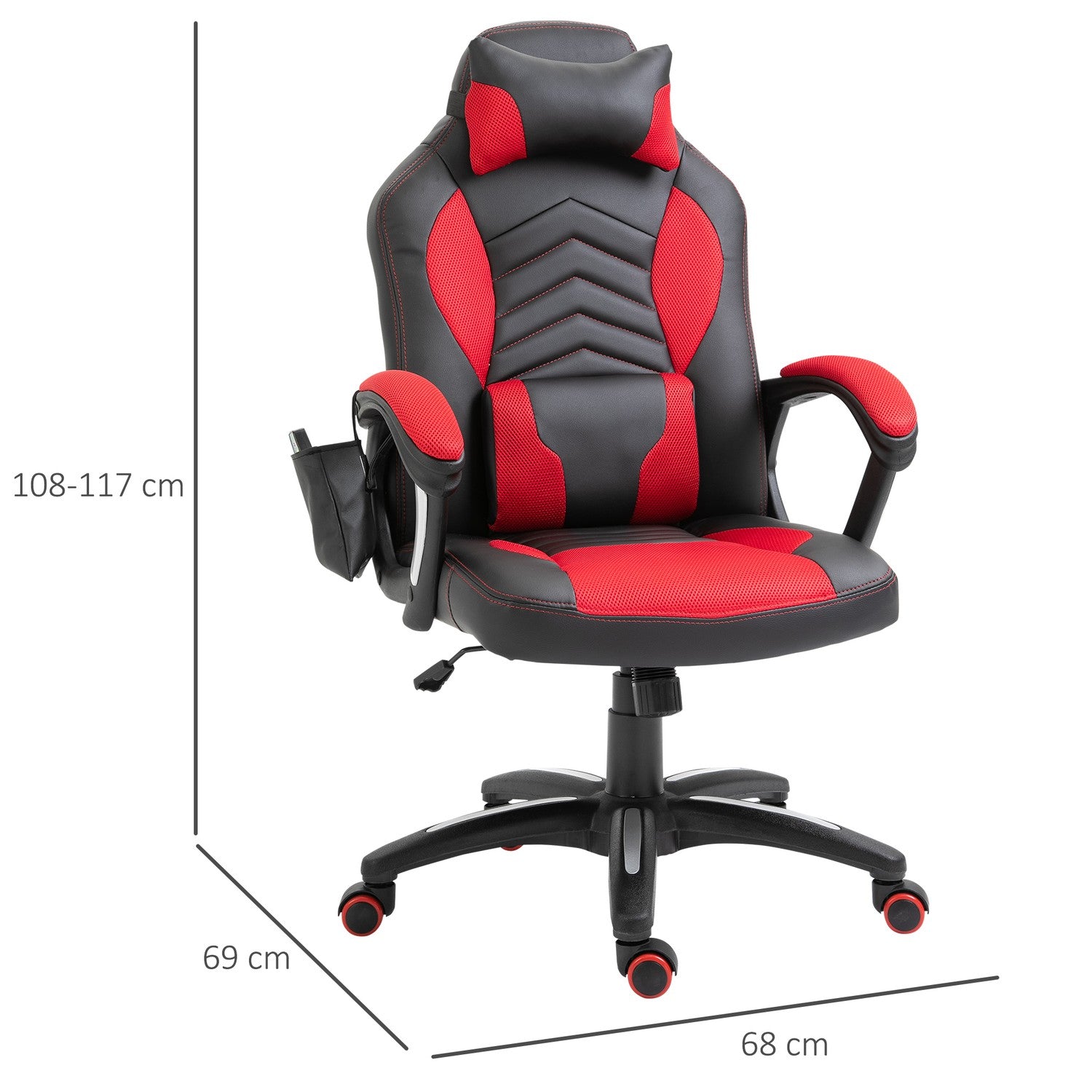 Gamingstol med värme och massage, röd PU, justerbar