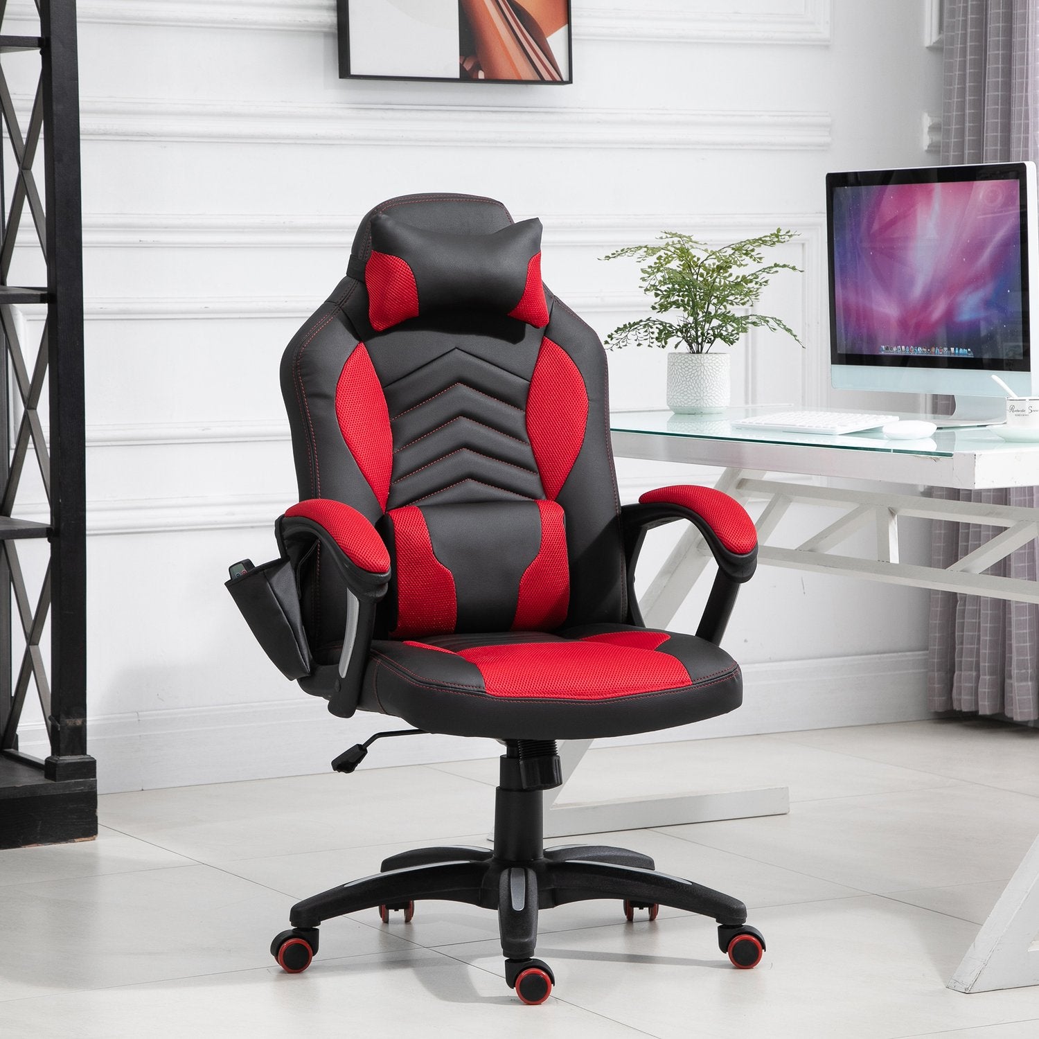 Gamingstol med värme och massage, röd PU, justerbar
