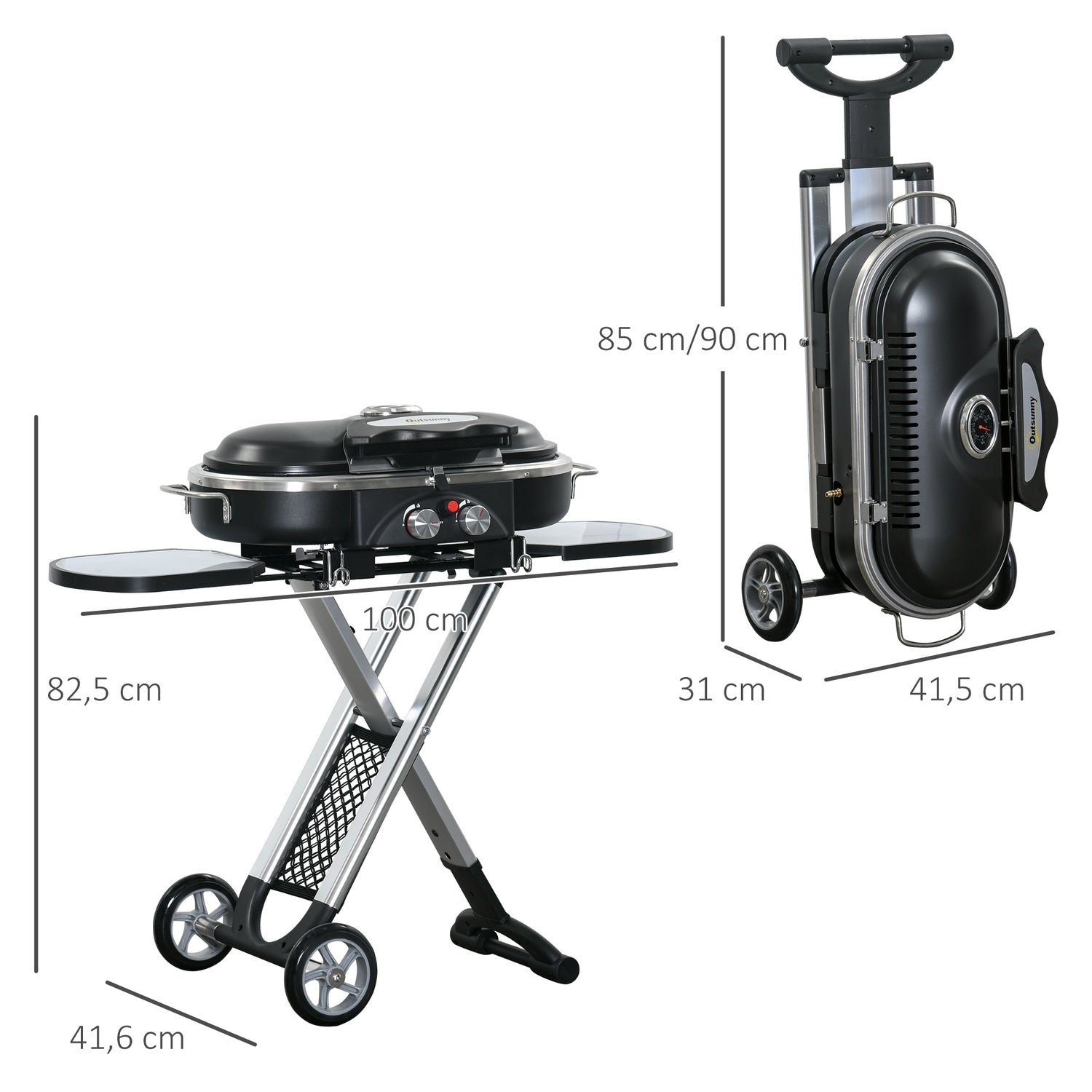 Plynový gril BBQ Cart, skládací, se 2 hořáky, z nerezové oceli