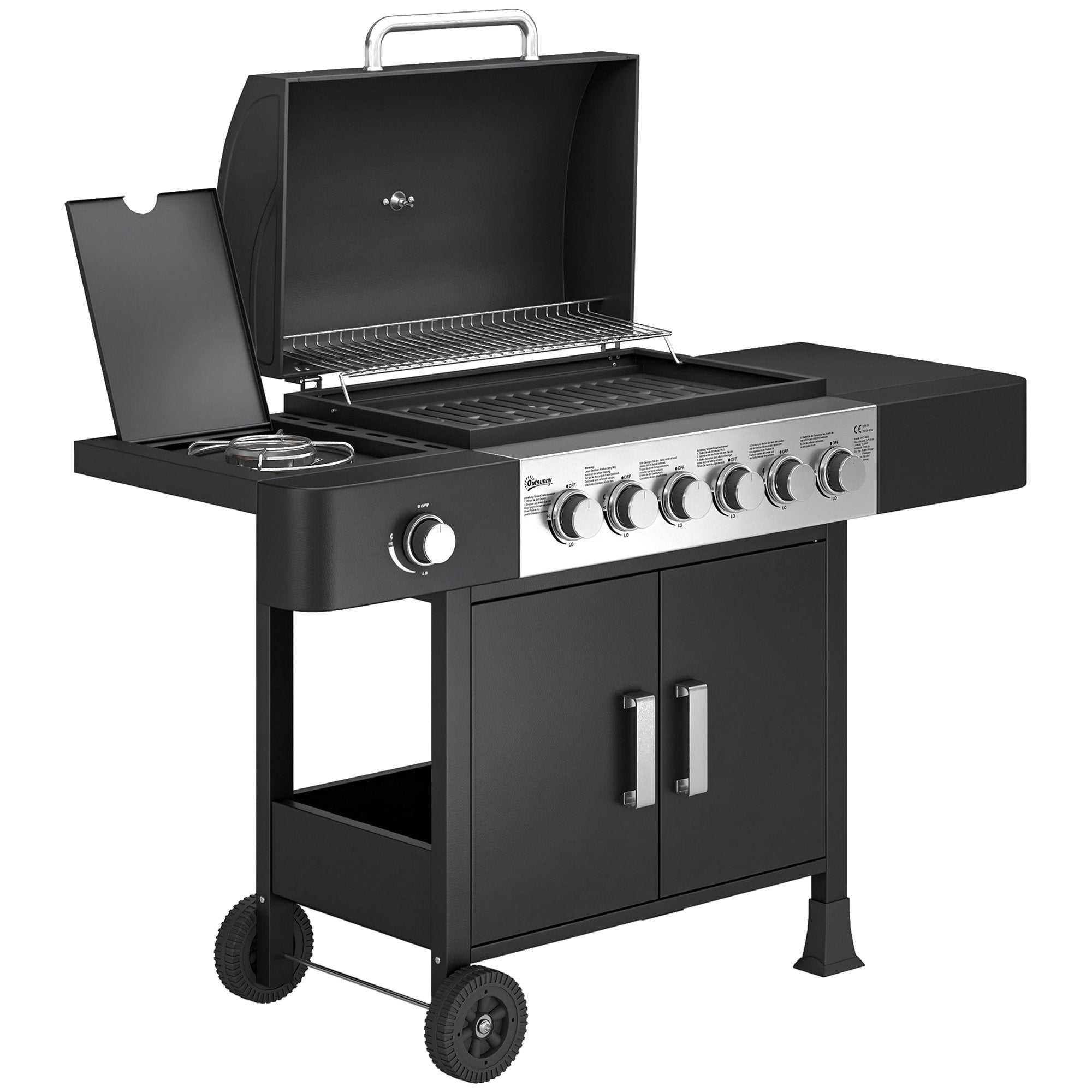 Gasgrill i rostfritt stål med 6 brännare och sidobrännare