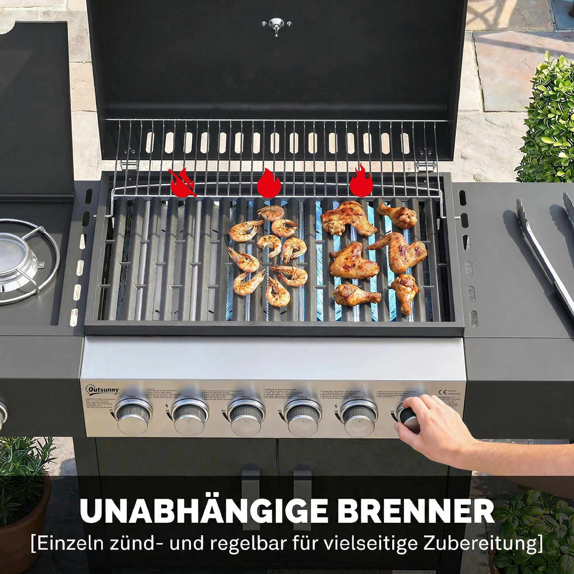 Gasgrill i rostfritt stål med 6 brännare och sidobrännare