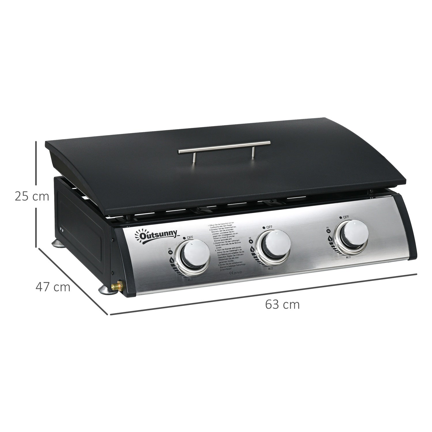 Gasgrill med 3 brännare, rostfritt stål för trädgård
