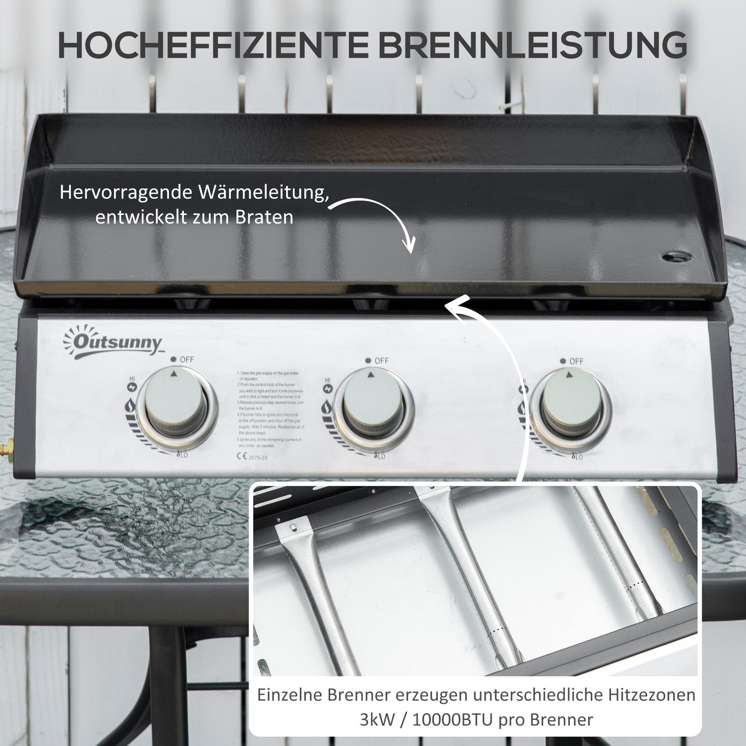 Gasgrill med 3 rostfria brännare, tryckreducerare