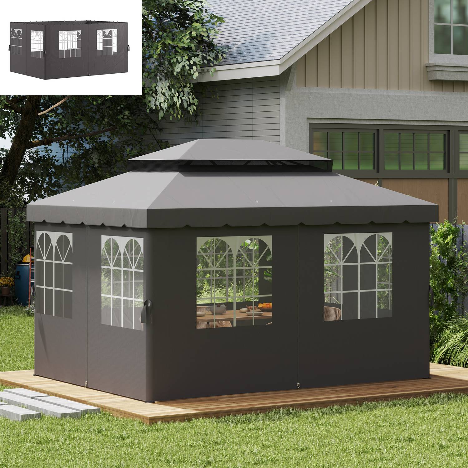 Gazebo sidopaneler, 4 mörkgrå polyesterväggar, 3x4m