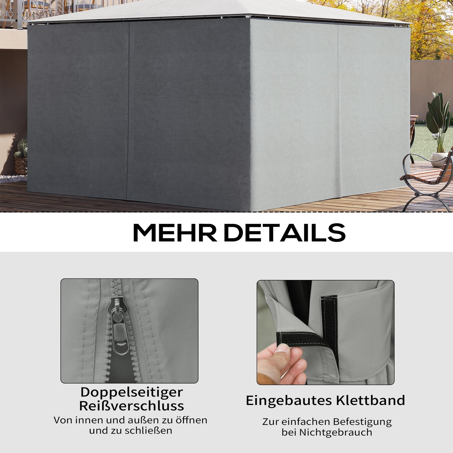 Boční panely k altánu, světle šedý polyester, 3 × 4 m, sada 4 kusů