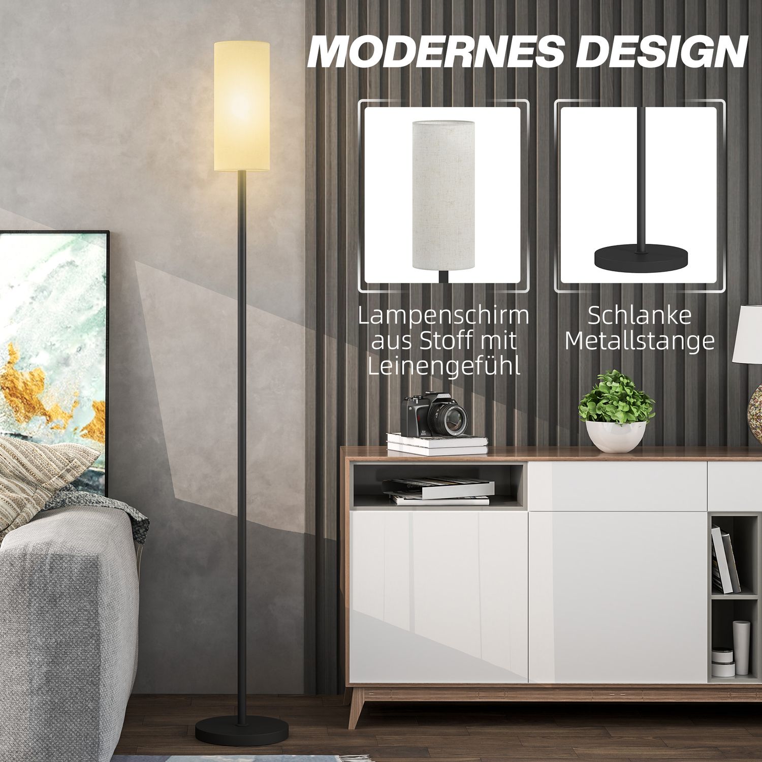 Stojací lampa s látkovým stínidlem, paticí E27 a nožním vypínačem