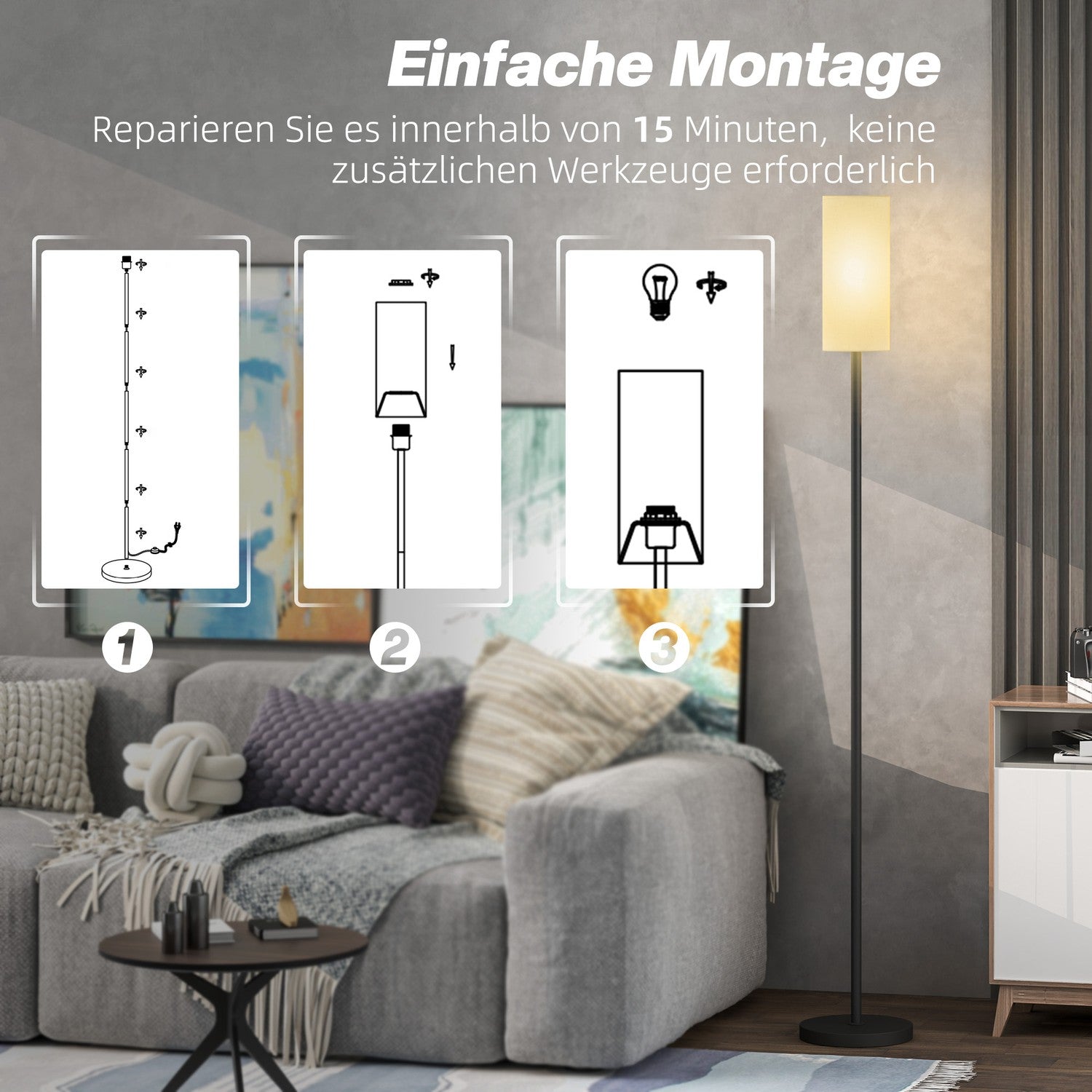 Stojací lampa s látkovým stínidlem, paticí E27 a nožním vypínačem