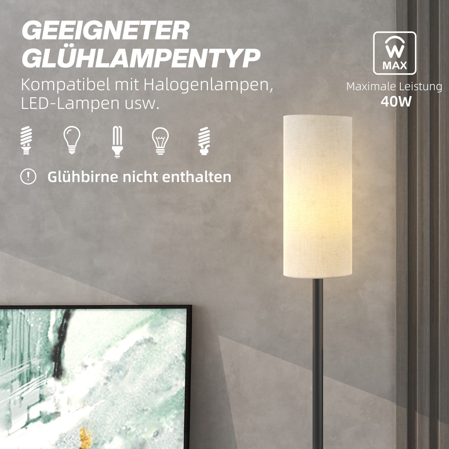 Stojací lampa s látkovým stínidlem, paticí E27 a nožním vypínačem