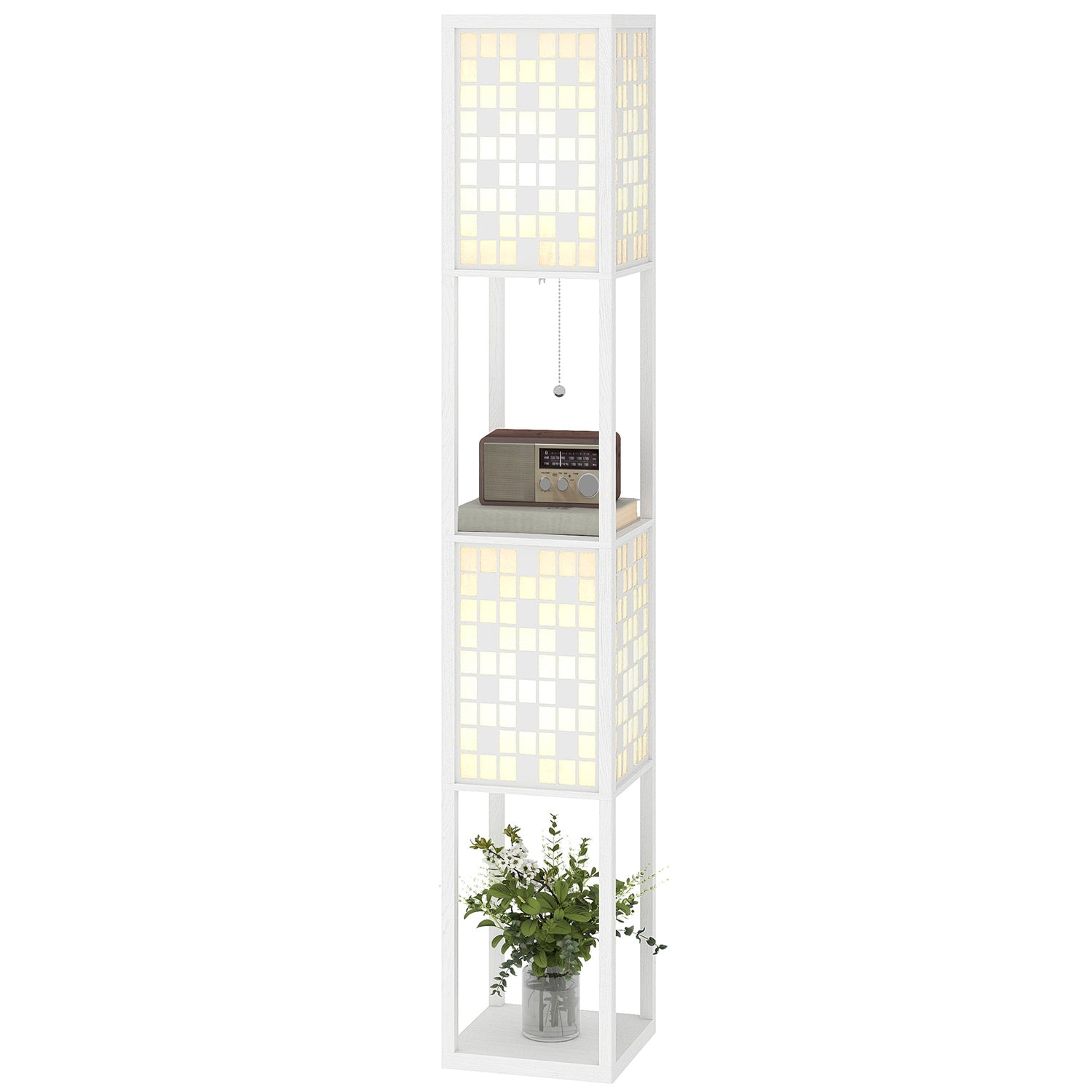 Golvlampa, rutmönster, 2-vånings hyllor, för olika glödlampor, vit