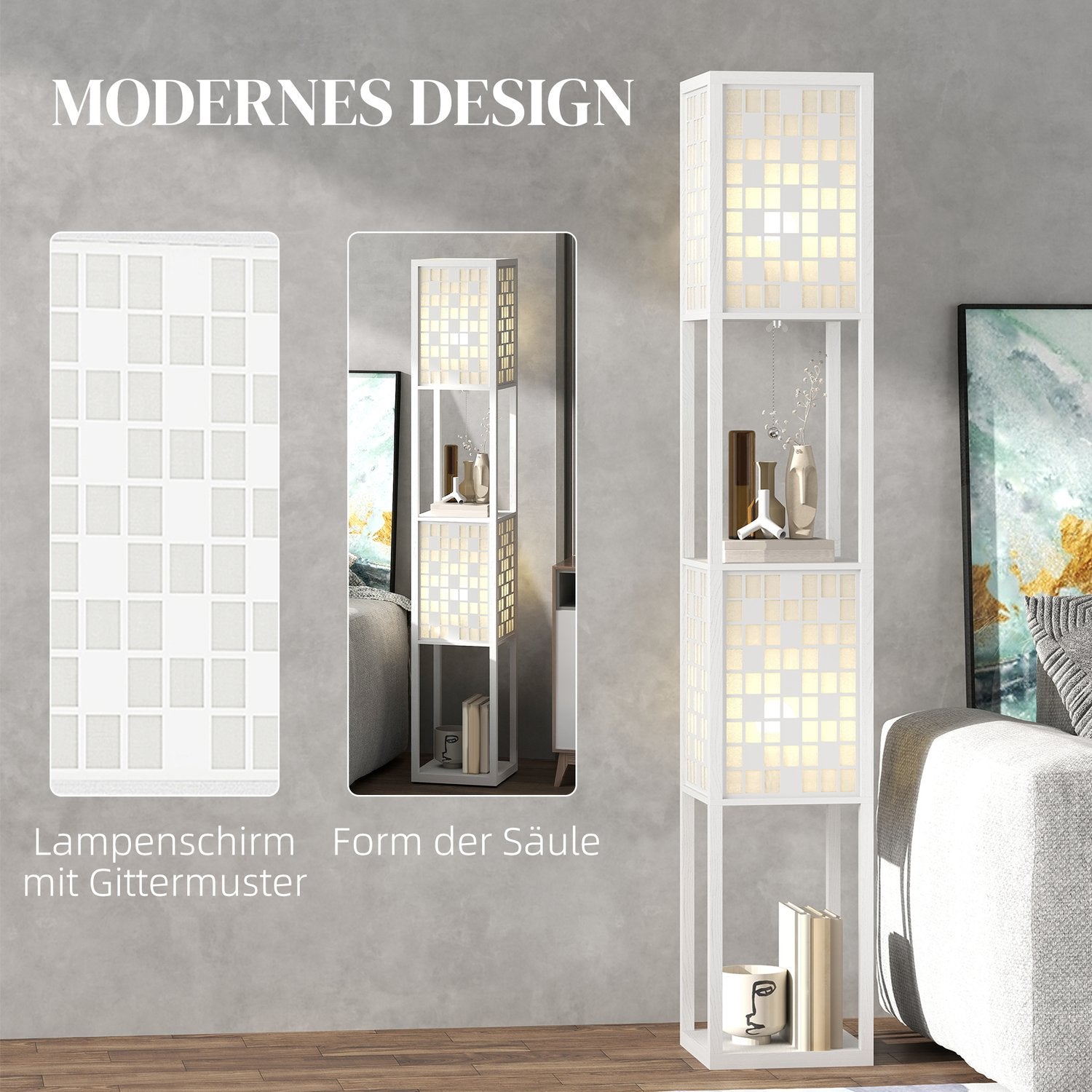 Golvlampa, rutmönster, 2-vånings hyllor, för olika glödlampor, vit