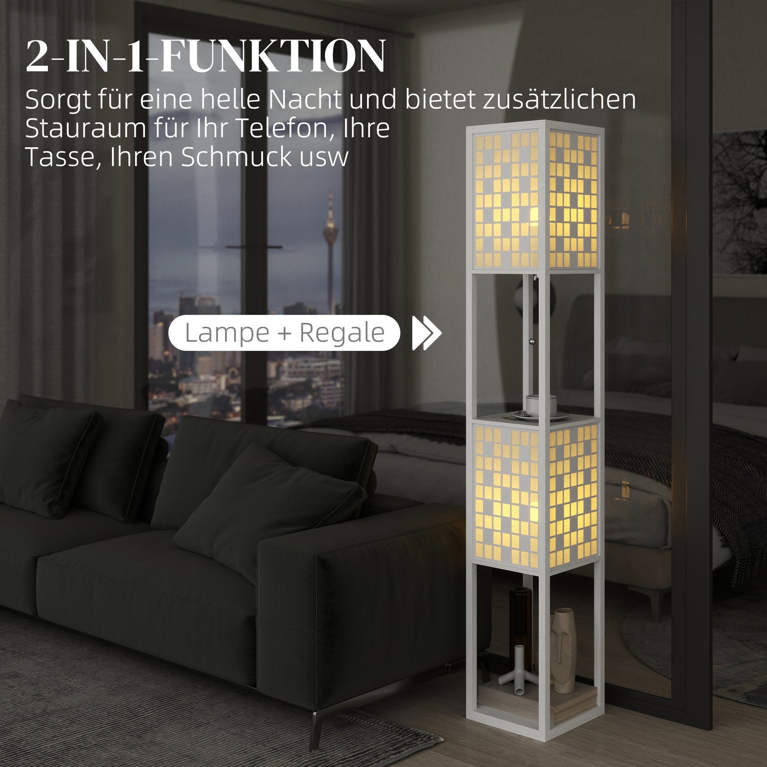 Golvlampa, rutmönster, 2-vånings hyllor, för olika glödlampor, vit
