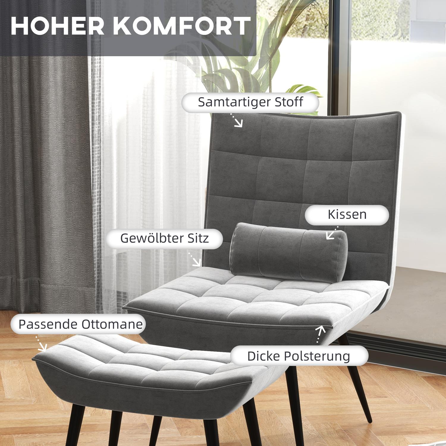 Grå Relax Stol & Ottoman Set, Sammetsklädsel, bekväma kuddar